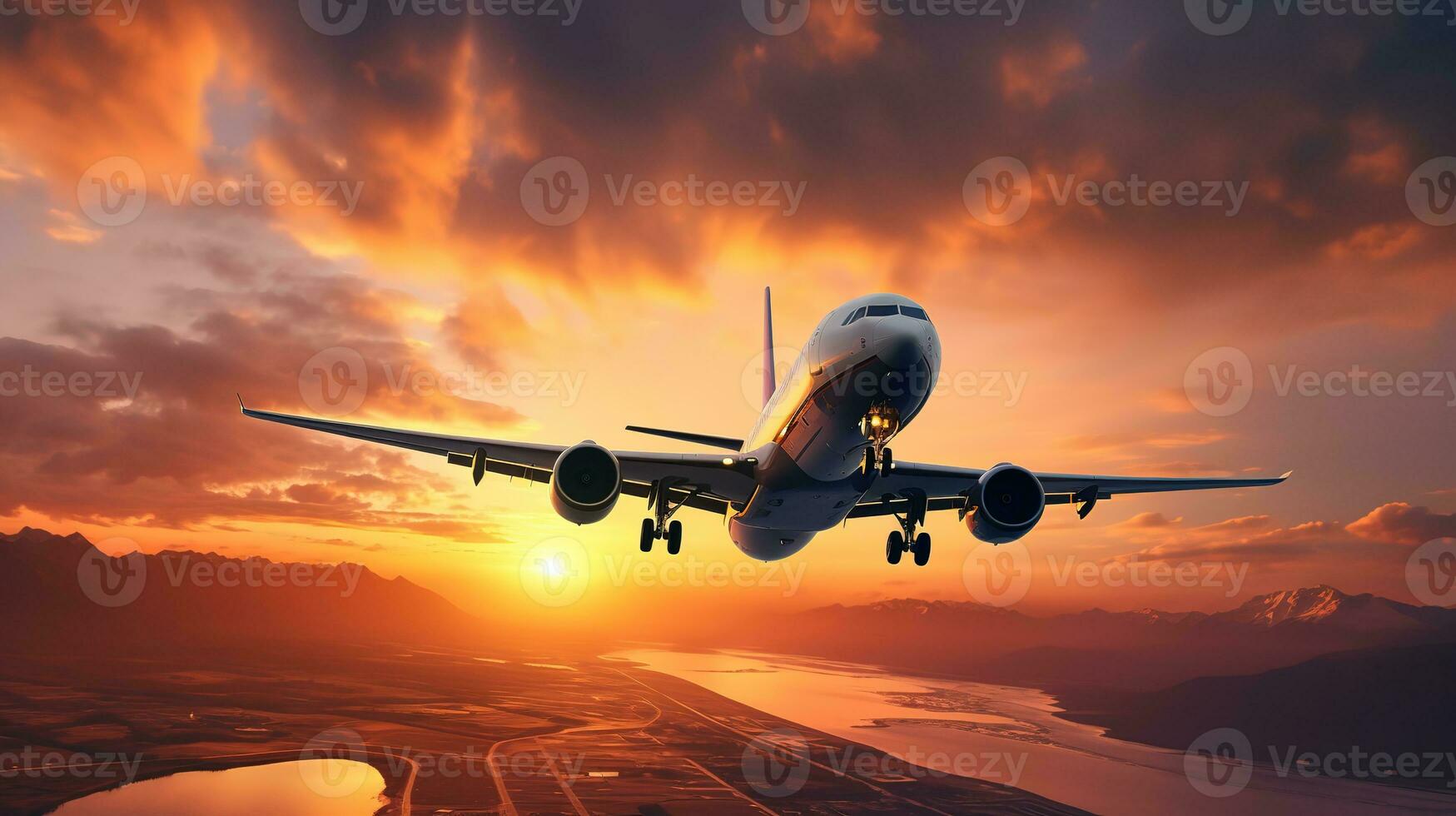 AI generated Landing a plane against a golden sky at sunset. Passenger aircraft flying up in sunset light. Travelling and Business concept photo