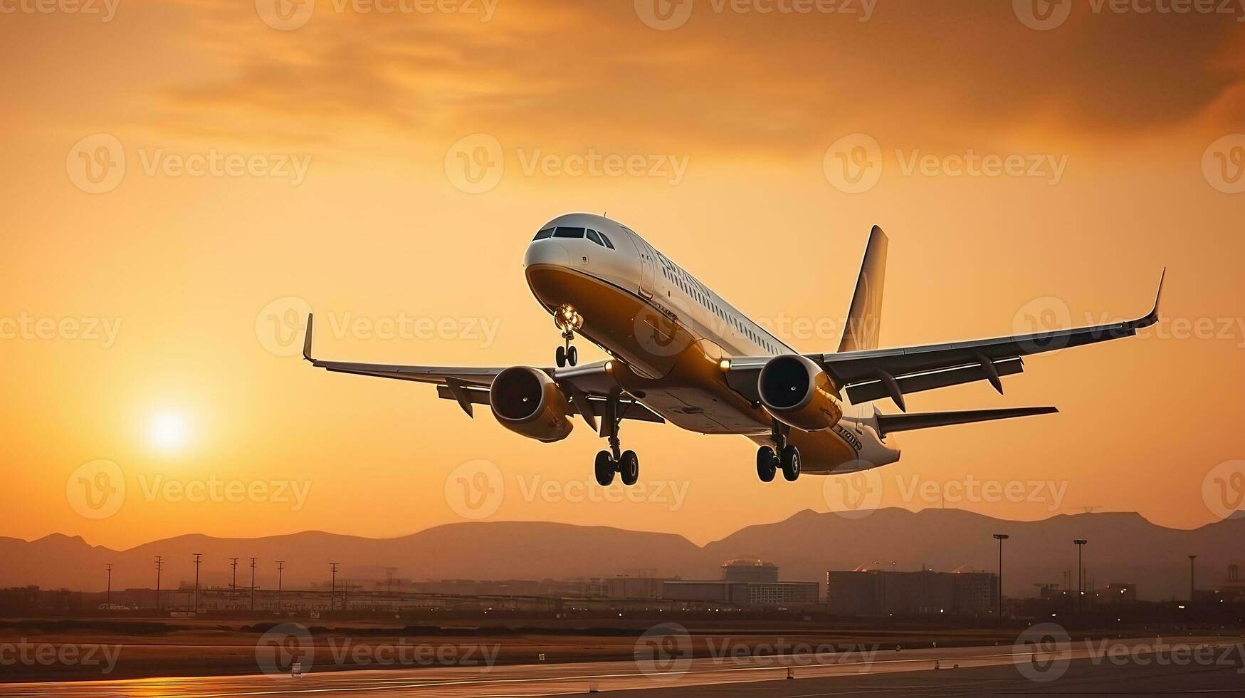 AI generated Landing a plane against a golden sky at sunset. Passenger aircraft flying up in sunset light. Travelling and Business concept photo