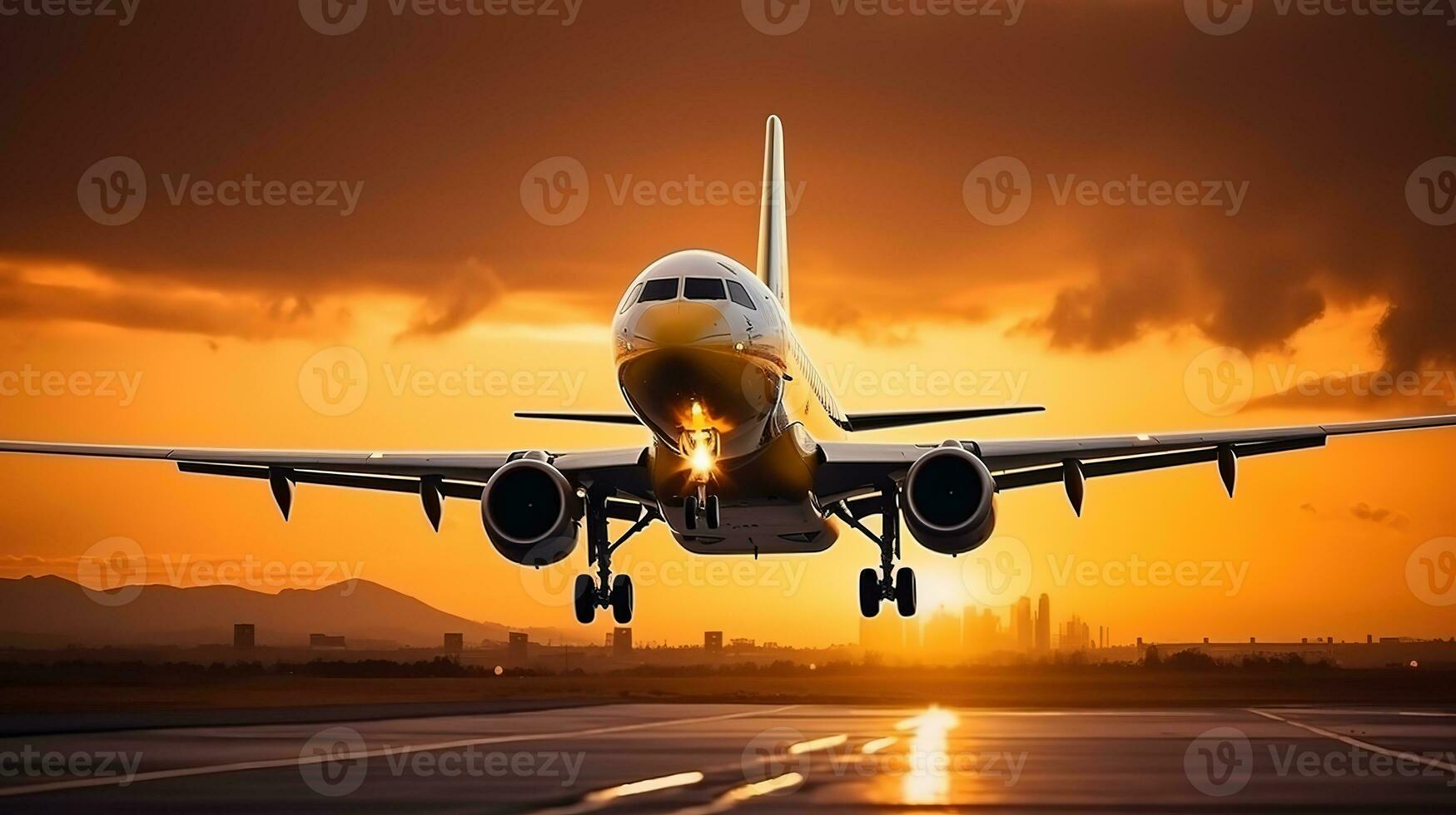 AI generated Landing a plane against a golden sky at sunset. Passenger aircraft flying up in sunset light. Travelling and Business concept photo