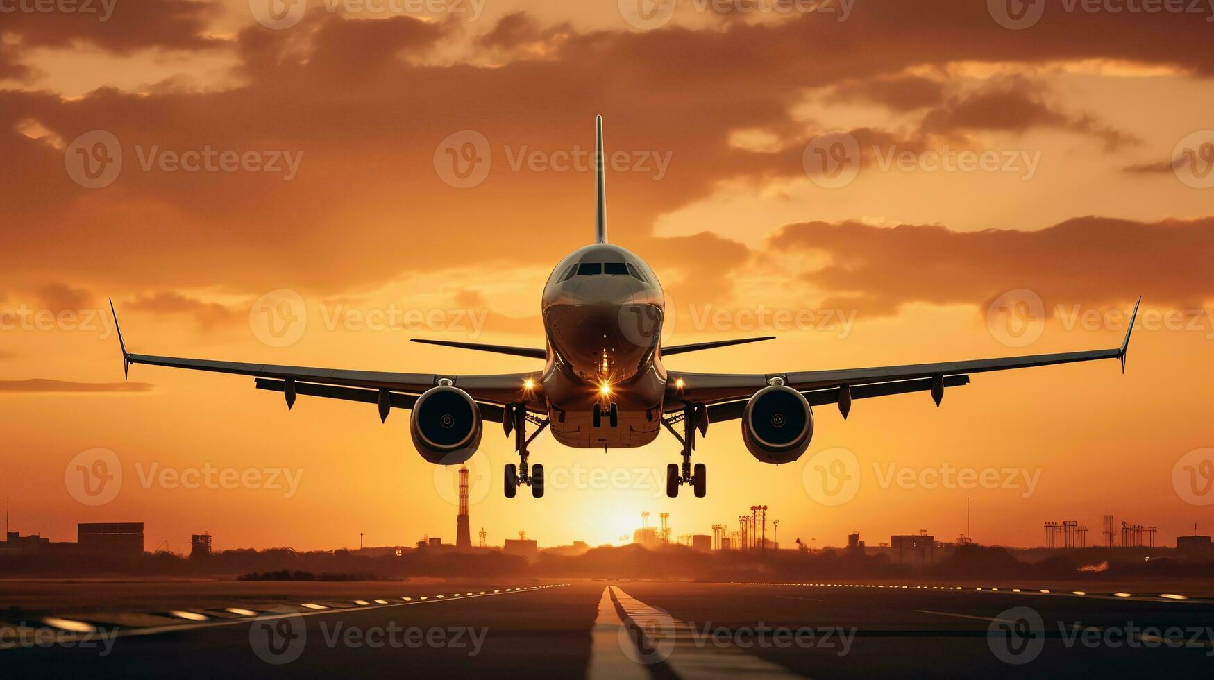 AI generated Landing a plane against a golden sky at sunset. Passenger aircraft flying up in sunset light. Travelling and Business concept photo