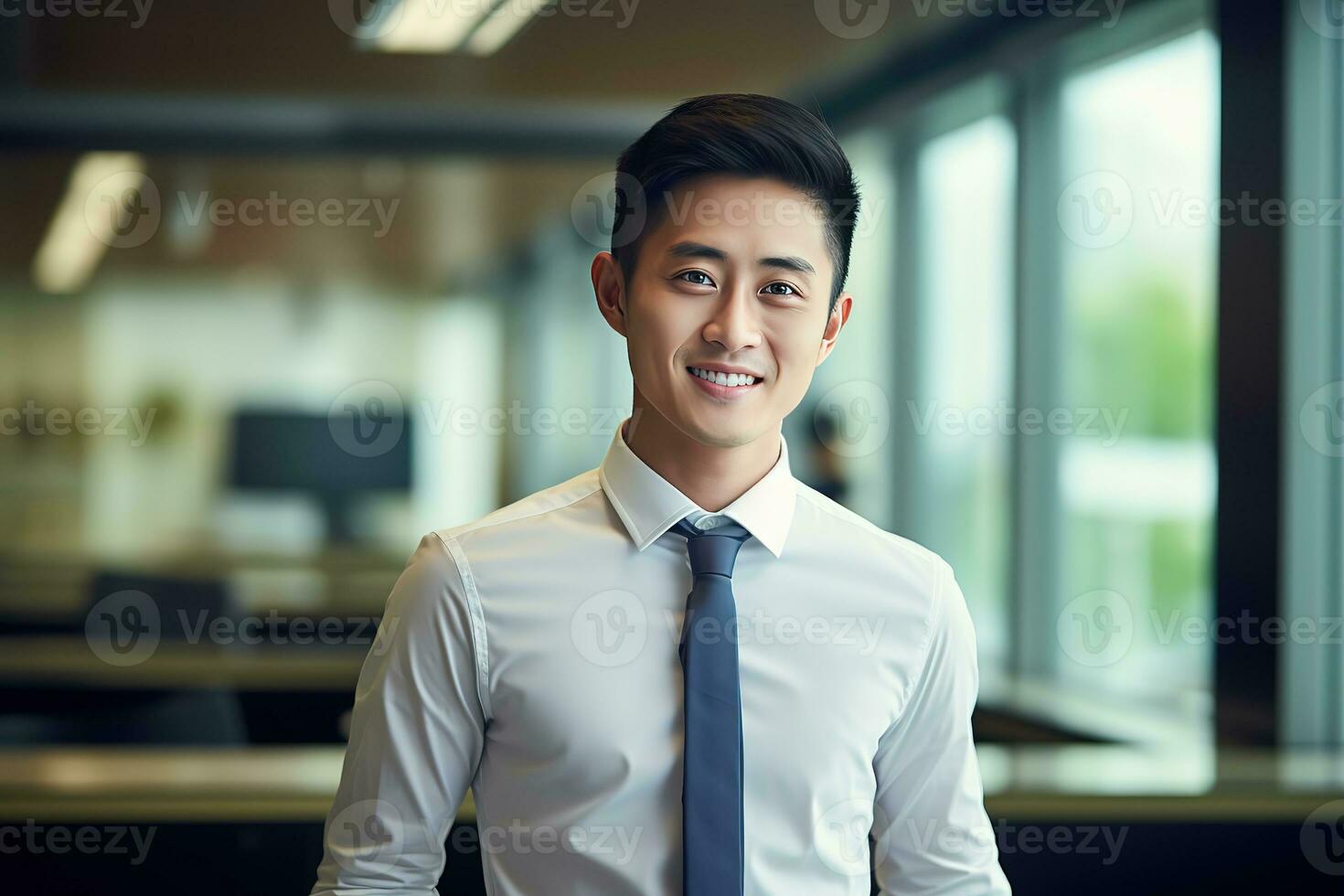 AI generated smiling businessman in the office, handsome and confident photo