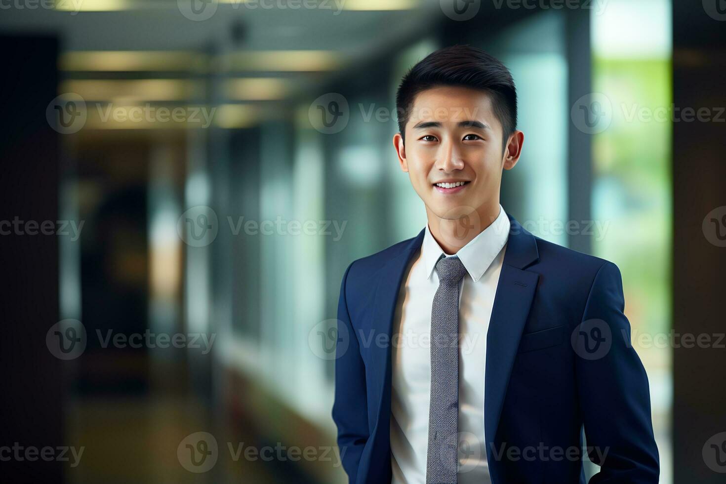 AI generated smiling businessman in the office, handsome and confident photo