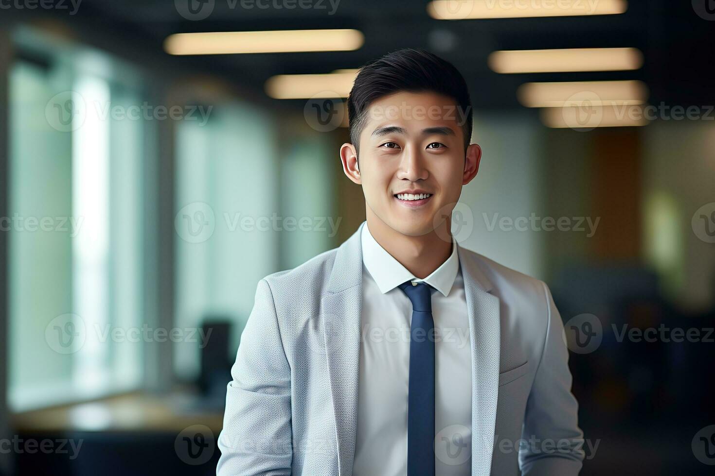 AI generated smiling businessman in the office, handsome and confident photo