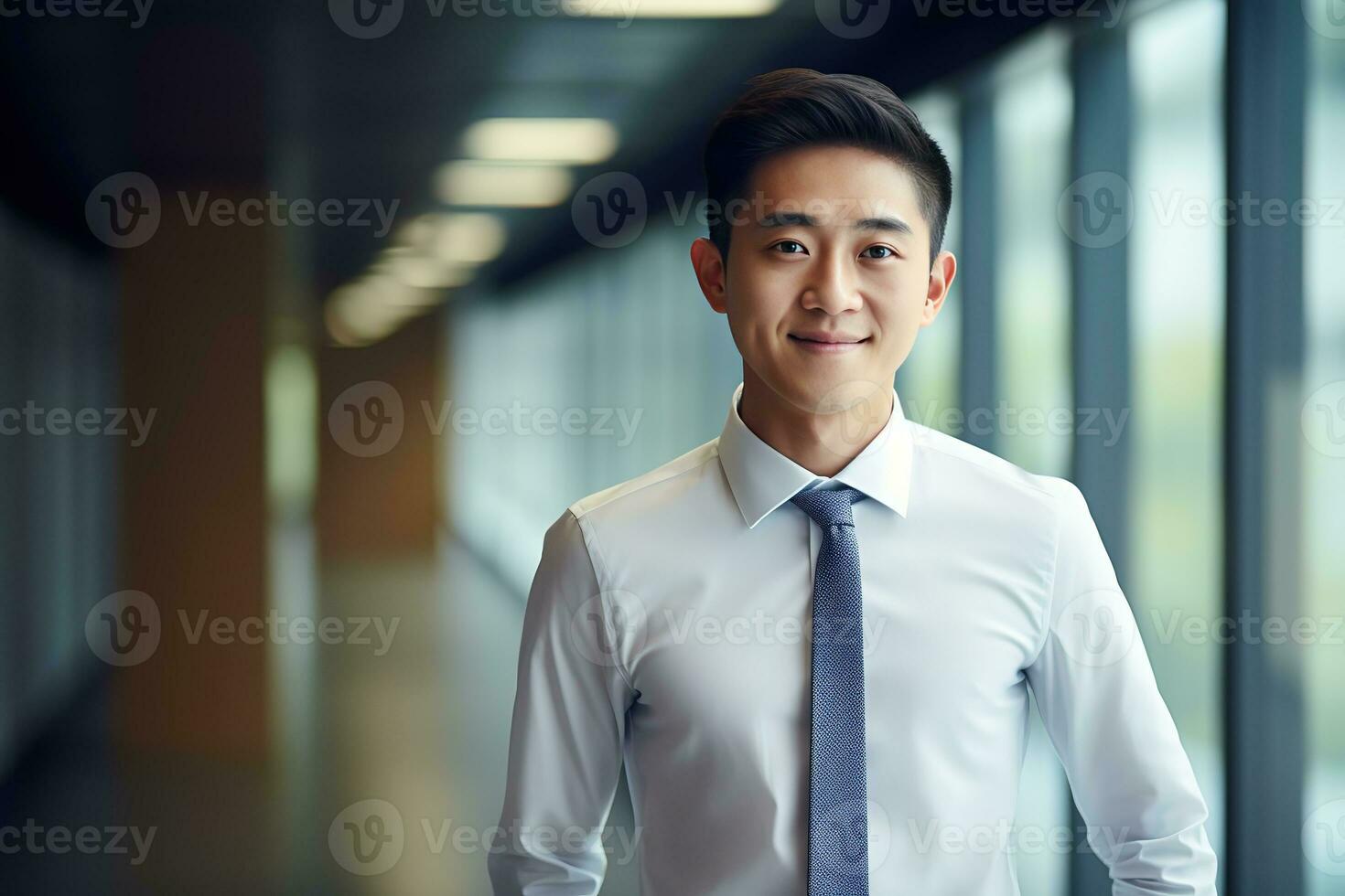 AI generated smiling businessman in the office, handsome and confident photo