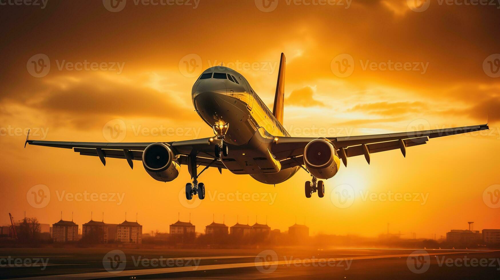 AI generated Landing a plane against a golden sky at sunset. Passenger aircraft flying up in sunset light. Travelling and Business concept photo