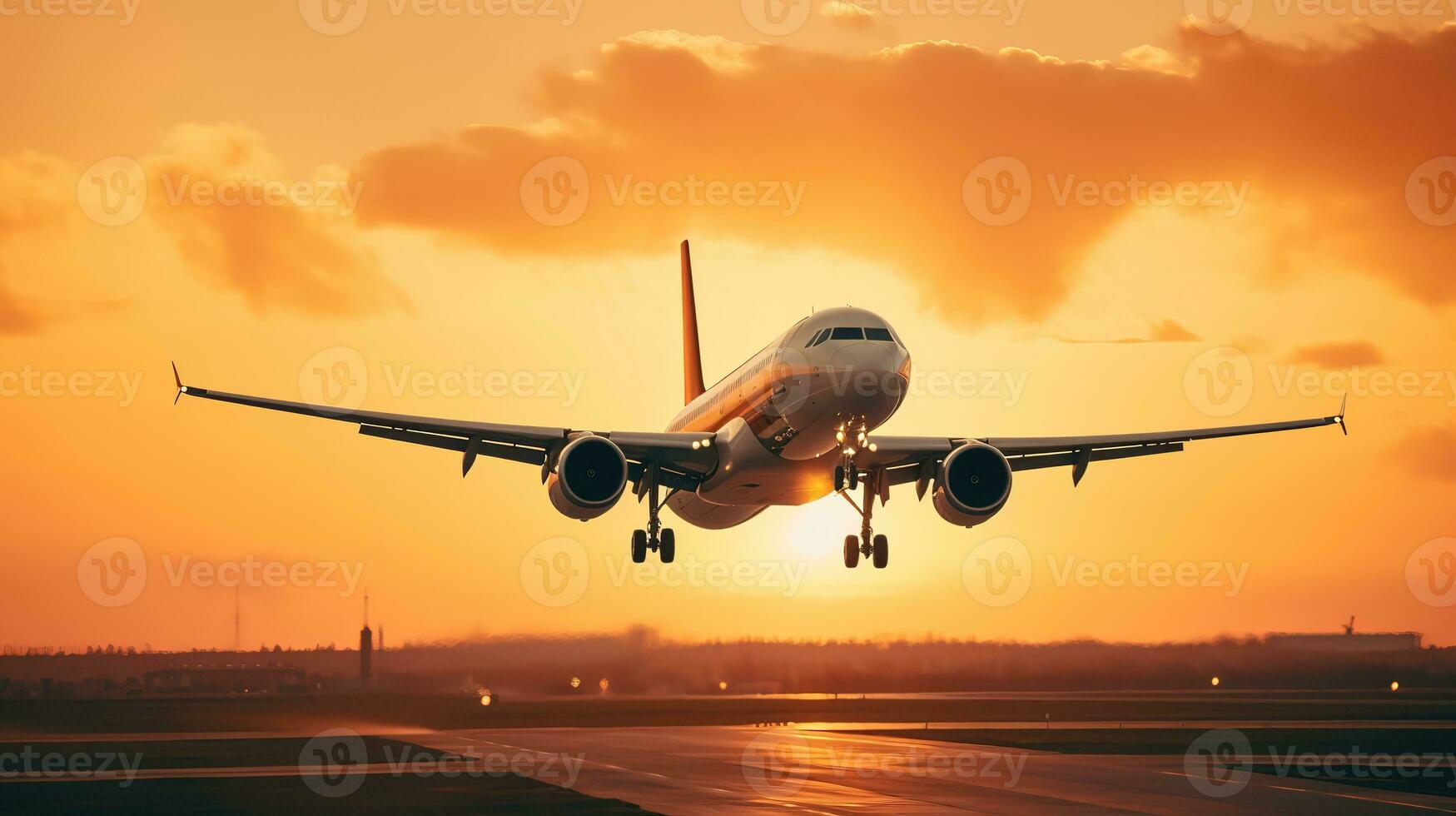 AI generated Landing a plane against a golden sky at sunset. Passenger aircraft flying up in sunset light. Travelling and Business concept photo