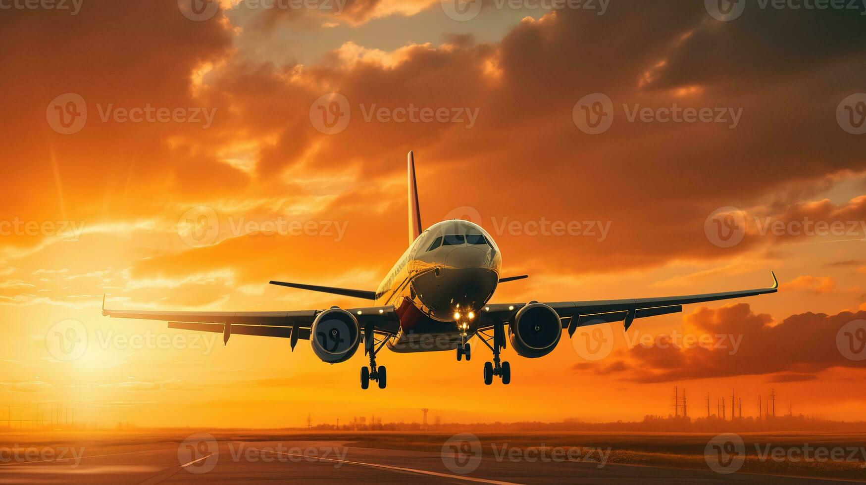 AI generated Landing a plane against a golden sky at sunset. Passenger aircraft flying up in sunset light. Travelling and Business concept photo