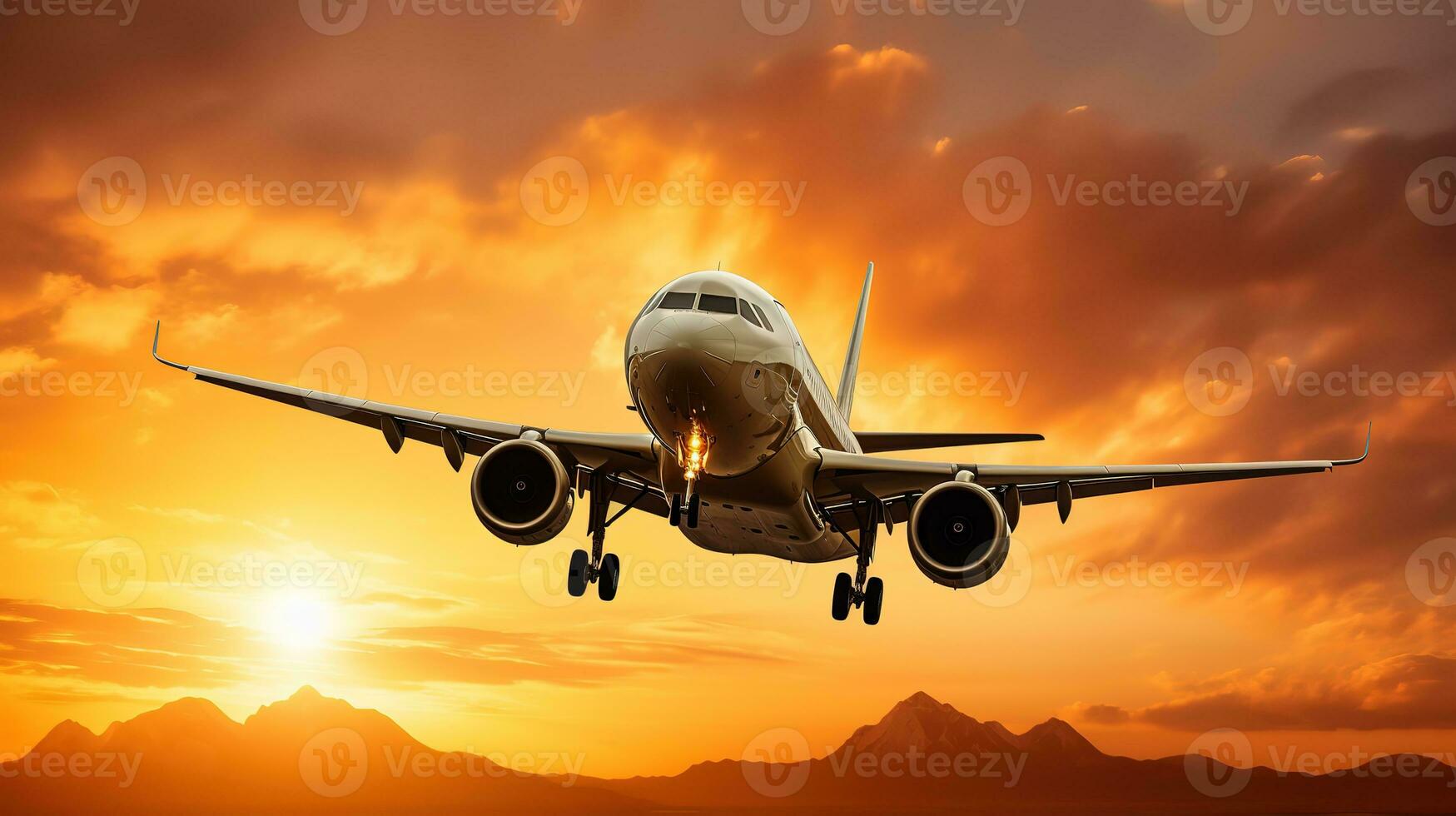 AI generated Landing a plane against a golden sky at sunset. Passenger aircraft flying up in sunset light. Travelling and Business concept photo