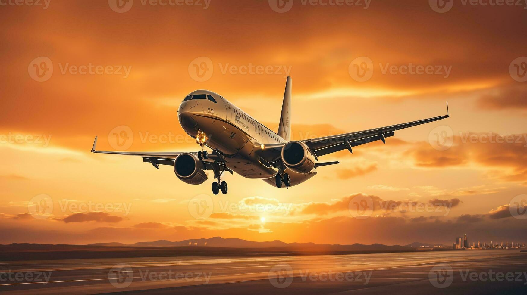 AI generated Landing a plane against a golden sky at sunset. Passenger aircraft flying up in sunset light. Travelling and Business concept photo