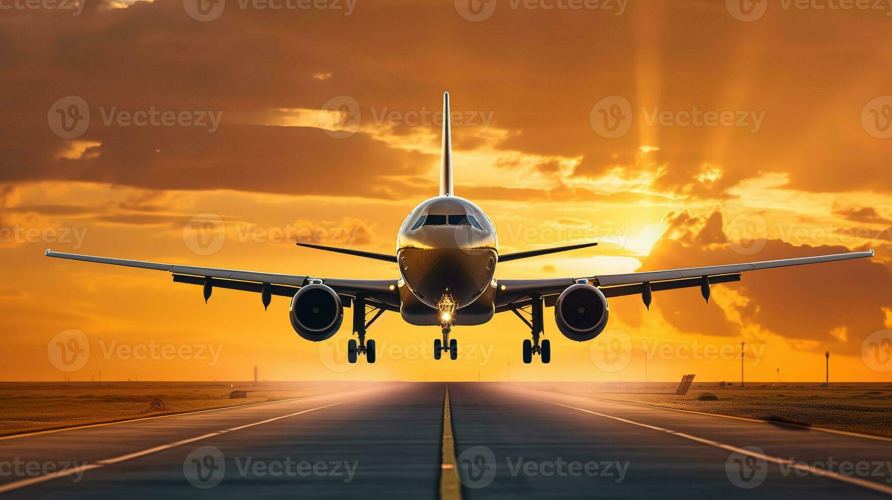 AI generated Landing a plane against a golden sky at sunset. Passenger aircraft flying up in sunset light. Travelling and Business concept photo