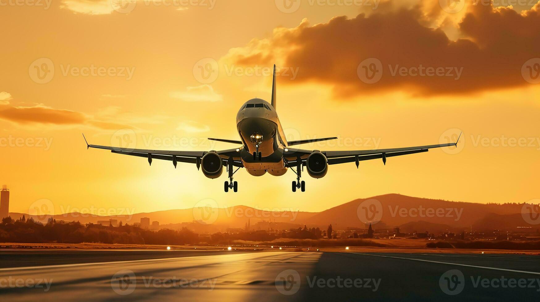 AI generated Landing a plane against a golden sky at sunset. Passenger aircraft flying up in sunset light. Travelling and Business concept photo