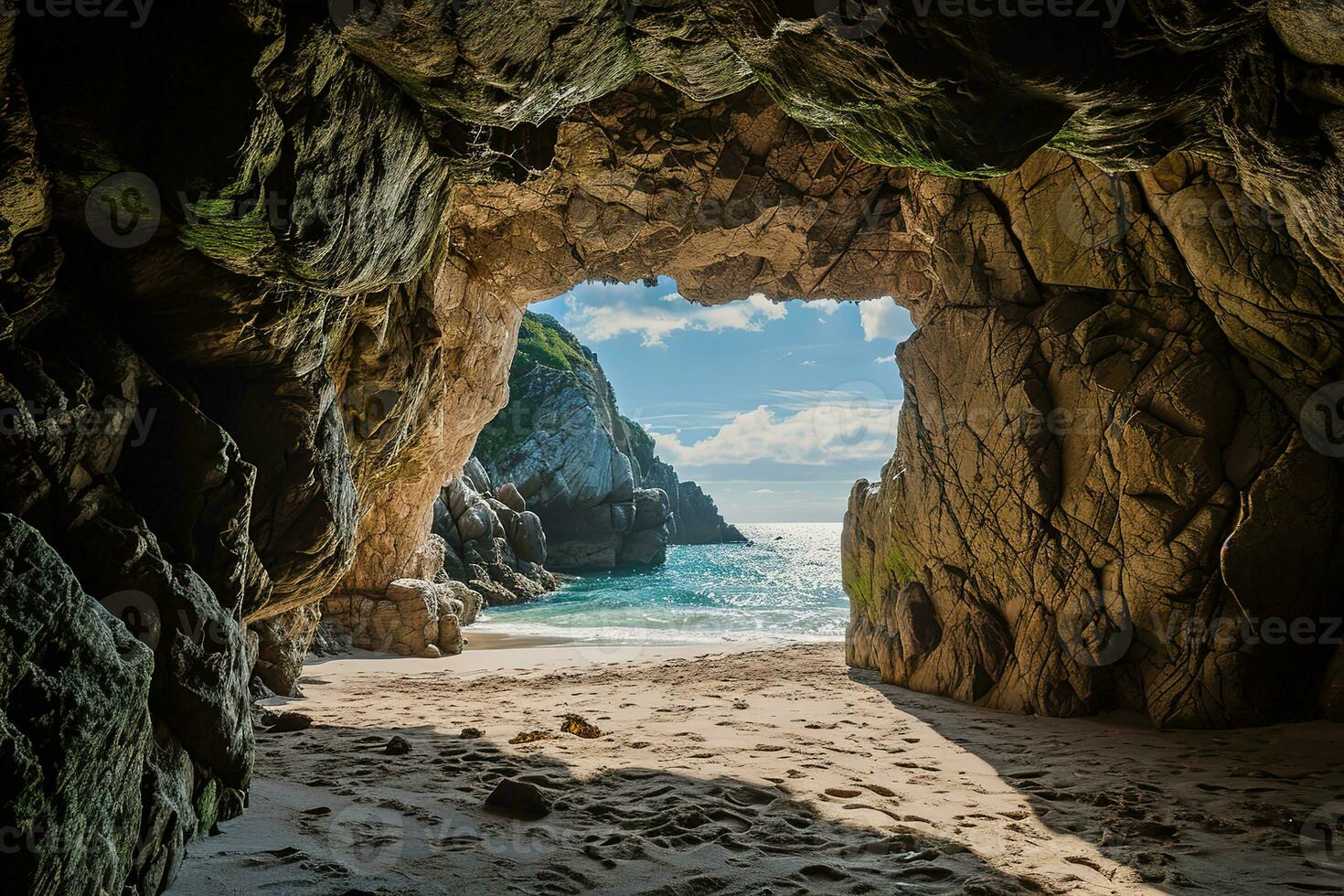 AI generated the beach from the inside of a large, rock cave photo