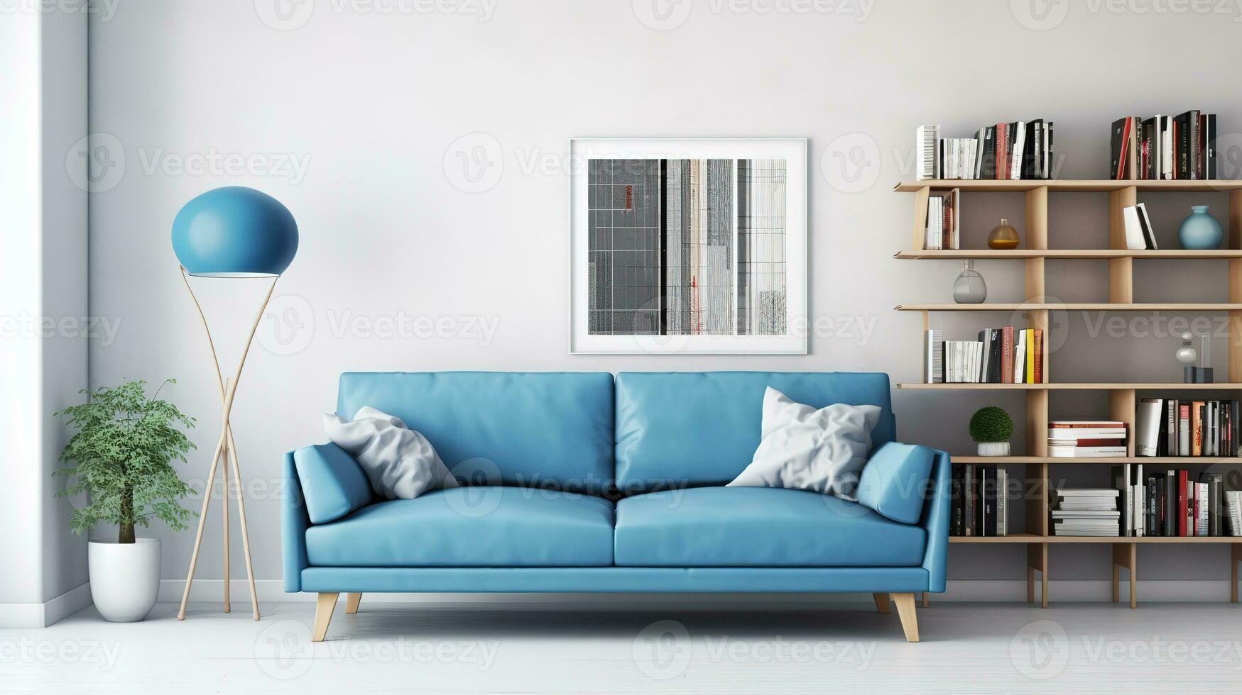 AI generated beige sofa with white pillows and table on the side with lamp, white wall, minimalist interior design living room photo