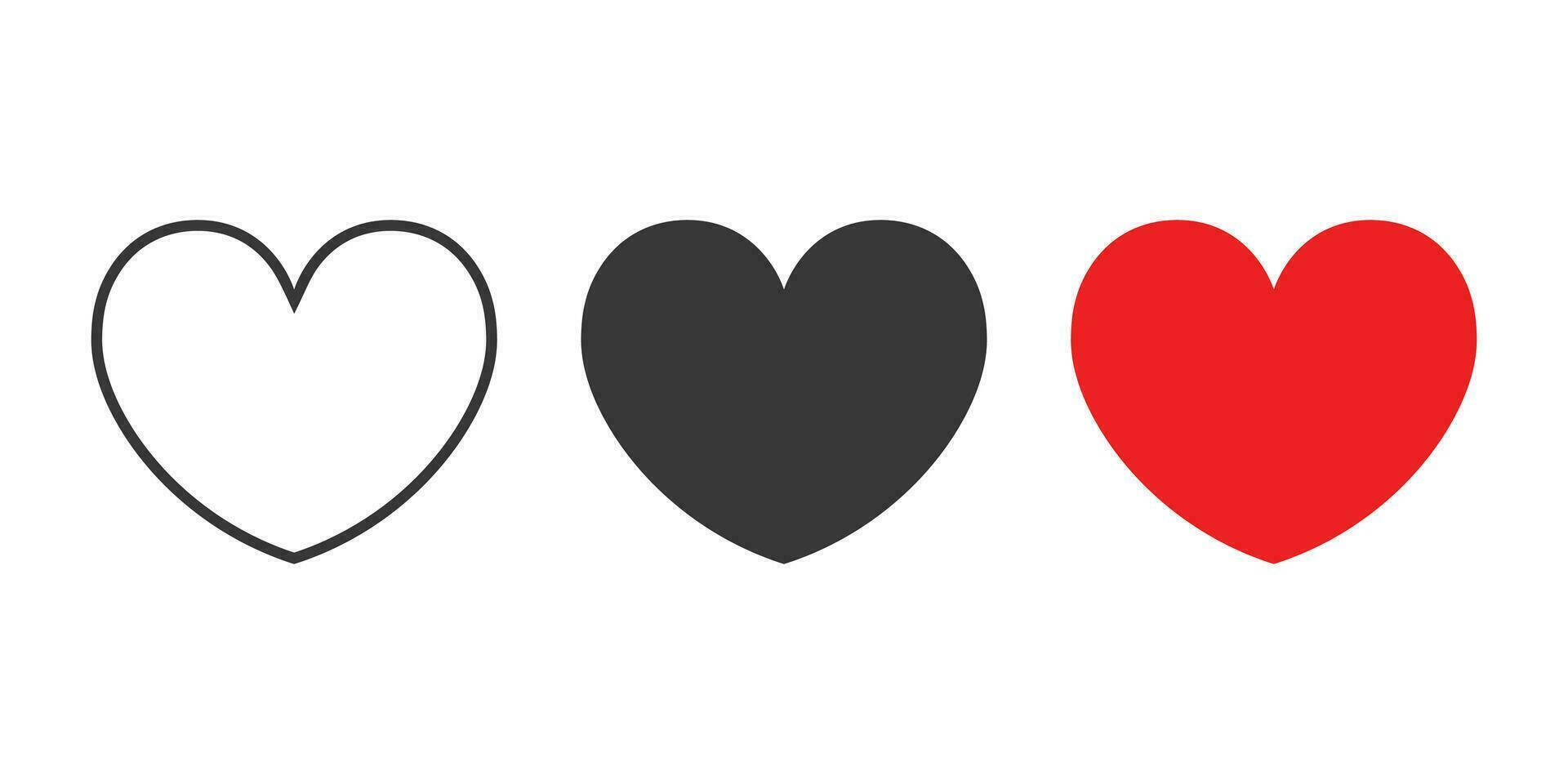 Hearts icons set. Red, back, and outline heart icon set. Vector illustration.