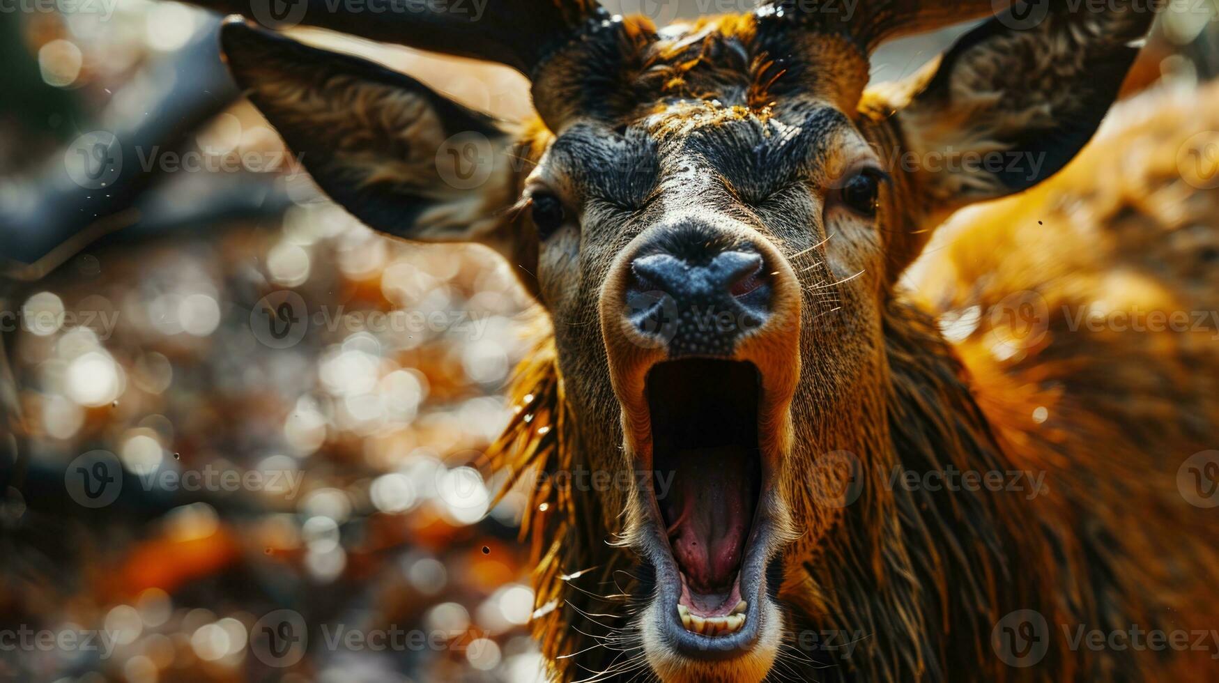 ai generado cerca arriba de un rojo ciervo con abierto boca. animal rabia. foto