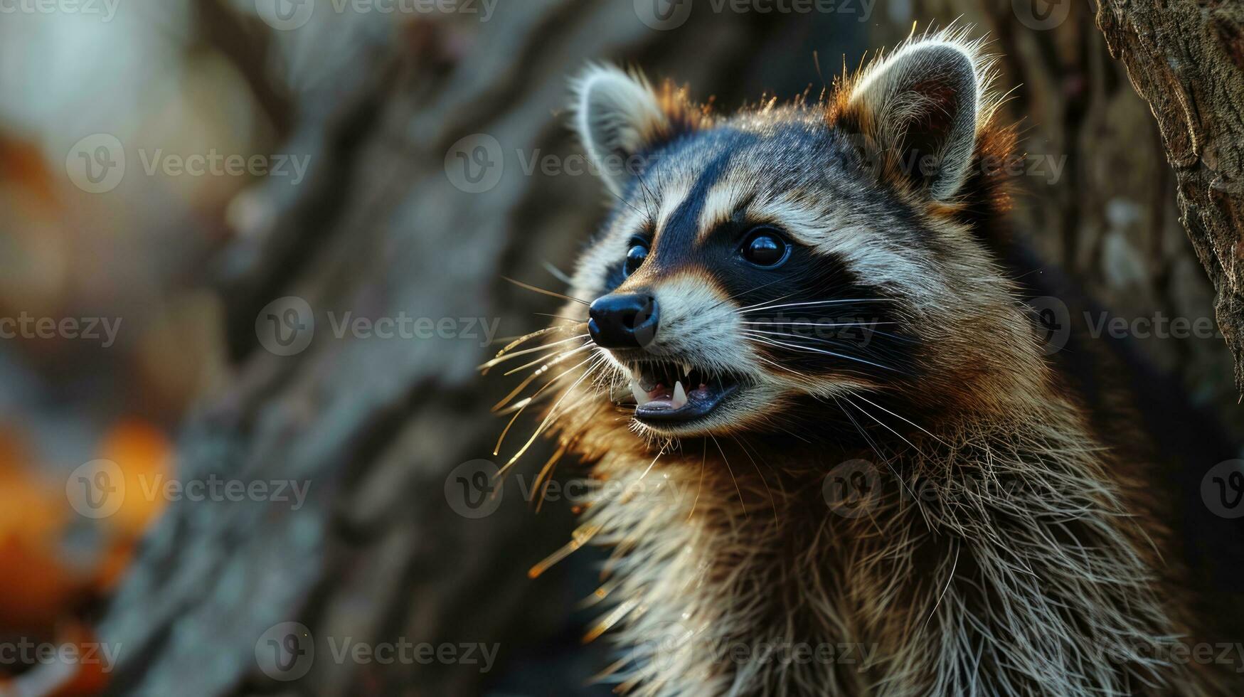 AI generated Portrait of a raccoon in the forest, close up.  Animal rabies. photo