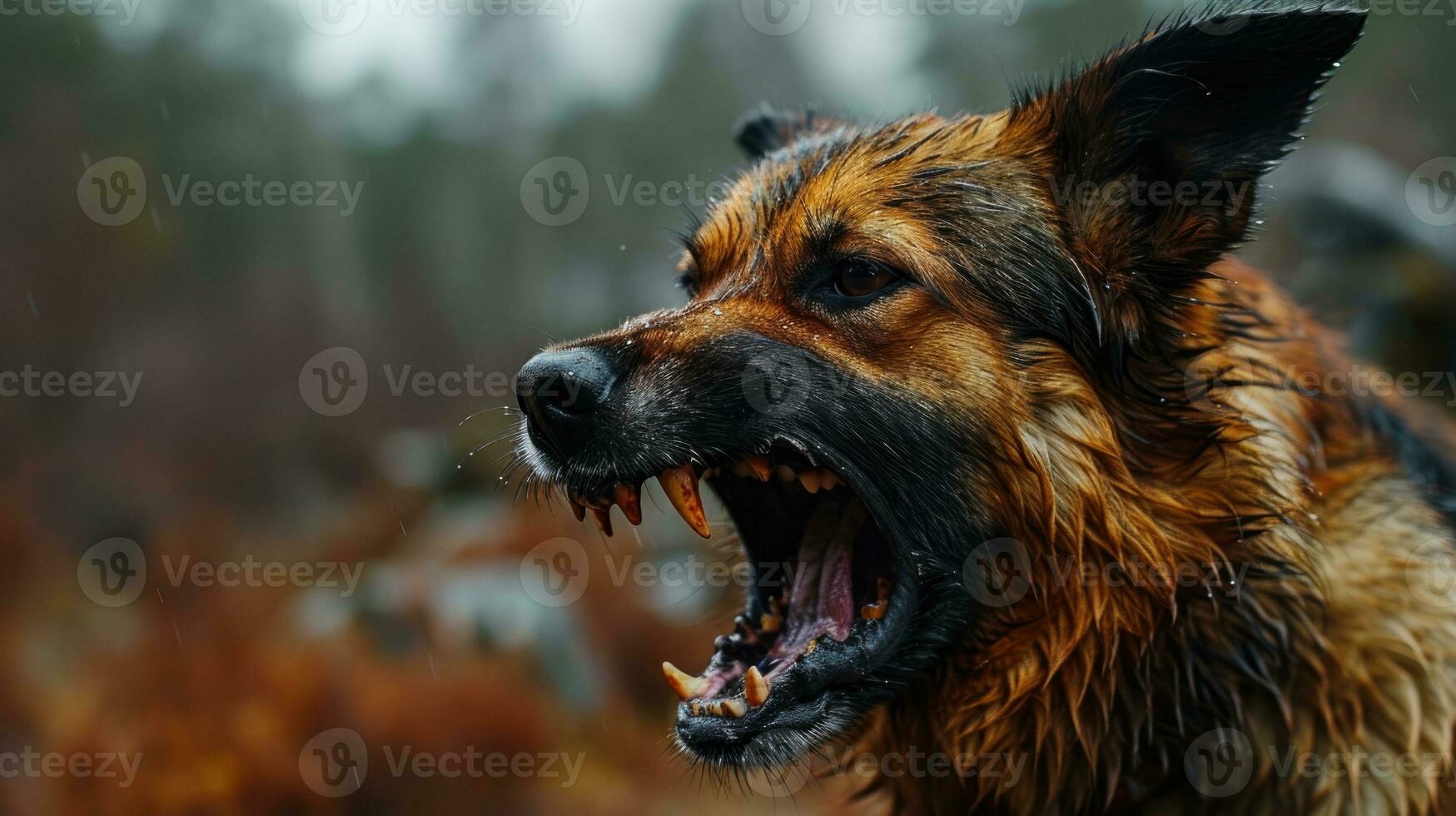 AI generated German shepherd dog with open mouth on blurred background, close-up. Animal rabies. photo