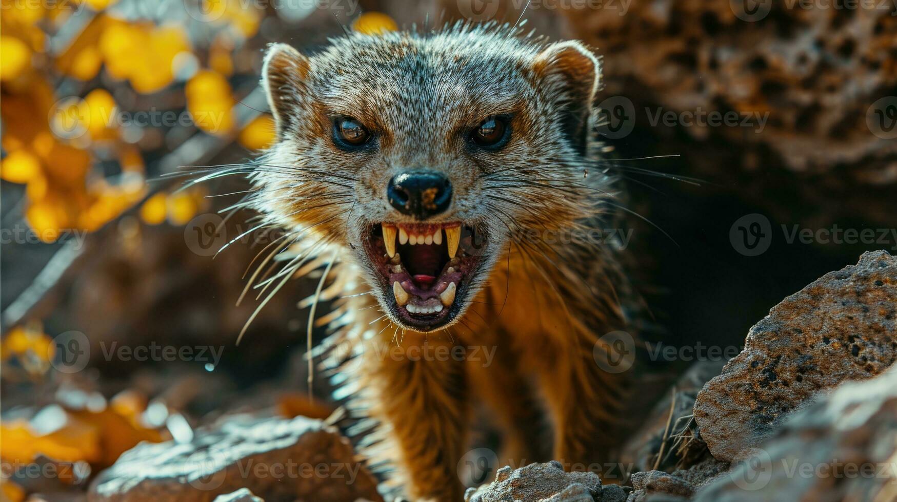 AI generated Portrait of a yellow mongoose in nature. Animal rabies. photo