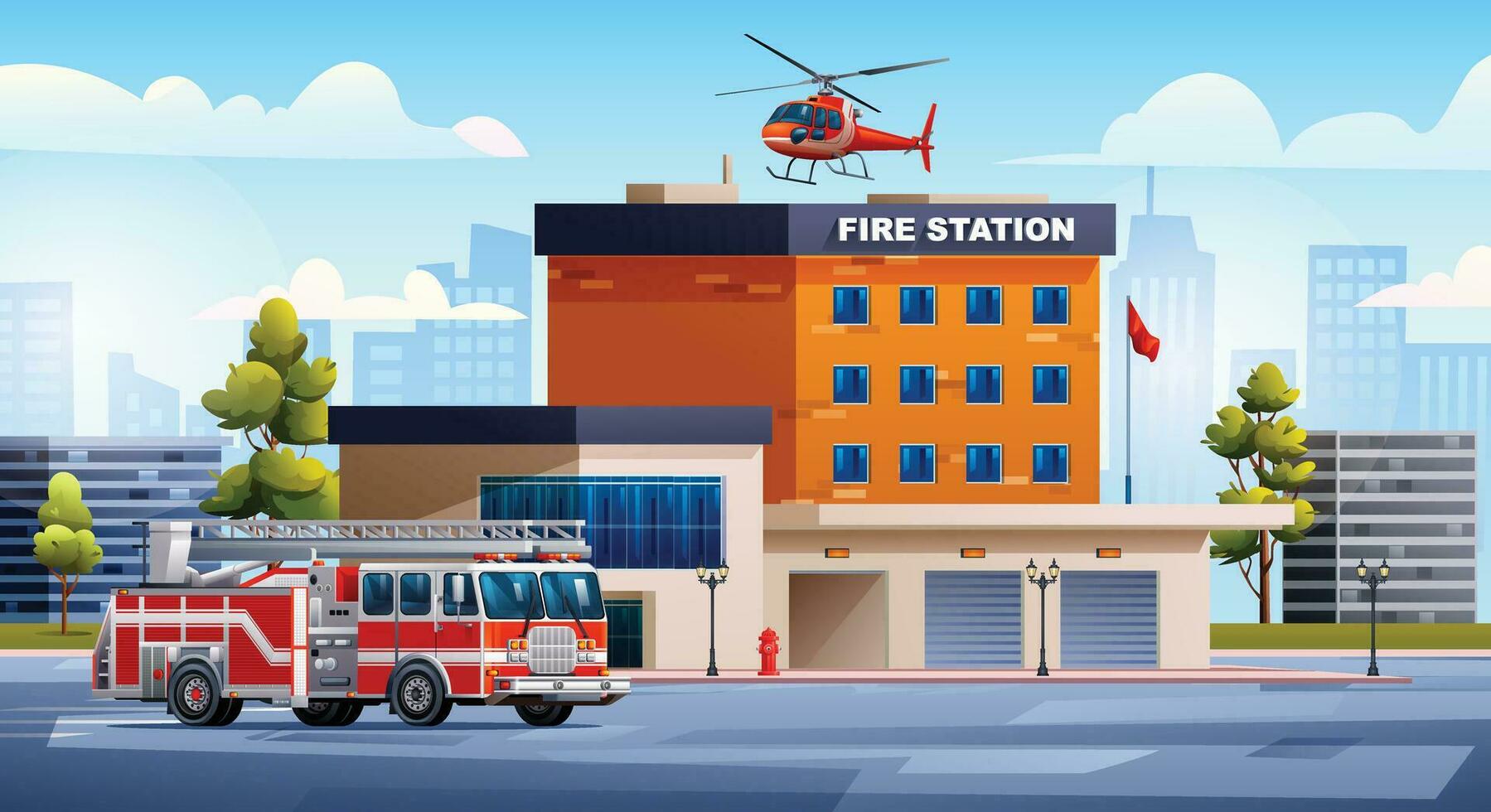 Fire station building with fire truck and helicopter on cityscape background. Fire department. City landscape vector cartoon illustration