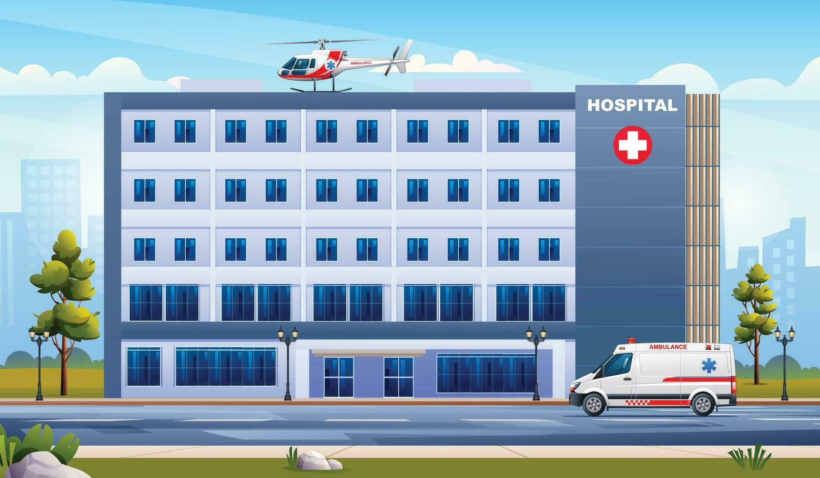 público hospital edificio con ambulancia emergencia coche y helicóptero. médico clínica con ciudad antecedentes paisaje ilustración vector