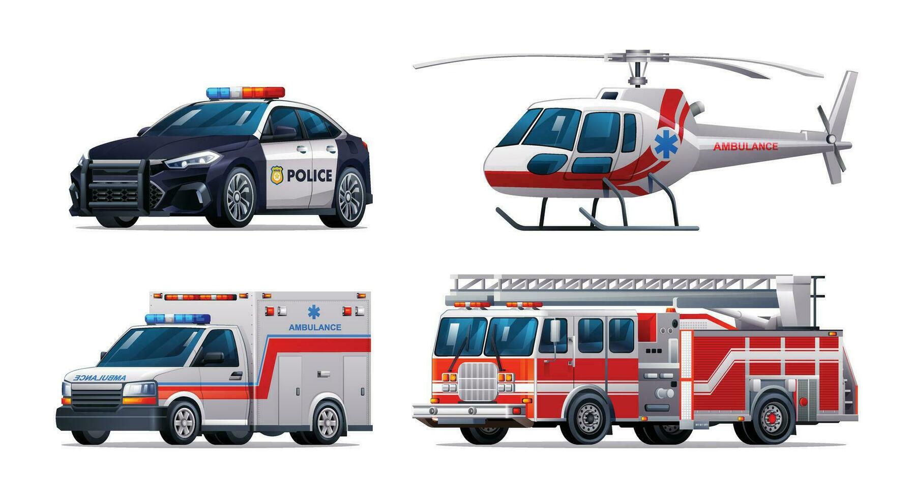 Set of emergency vehicles. Police car, fire truck, ambulance car and helicopter. Official emergency service vehicles vector illustration