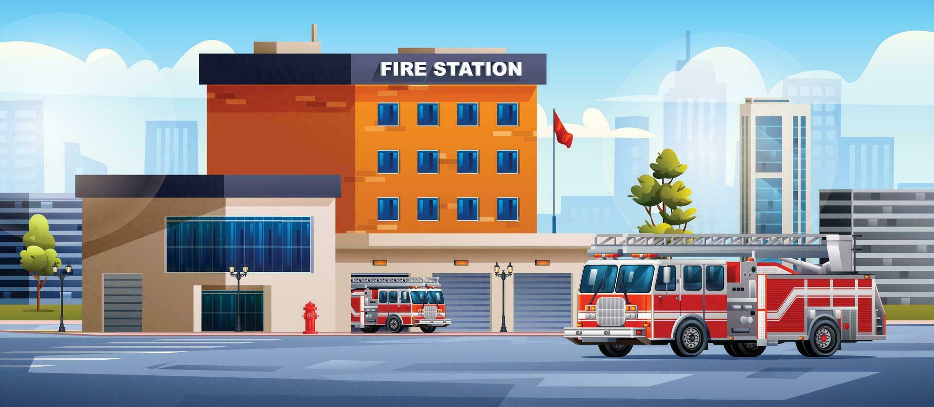 Fire station building with fire trucks on cityscape background. Fire department. City landscape vector cartoon illustration