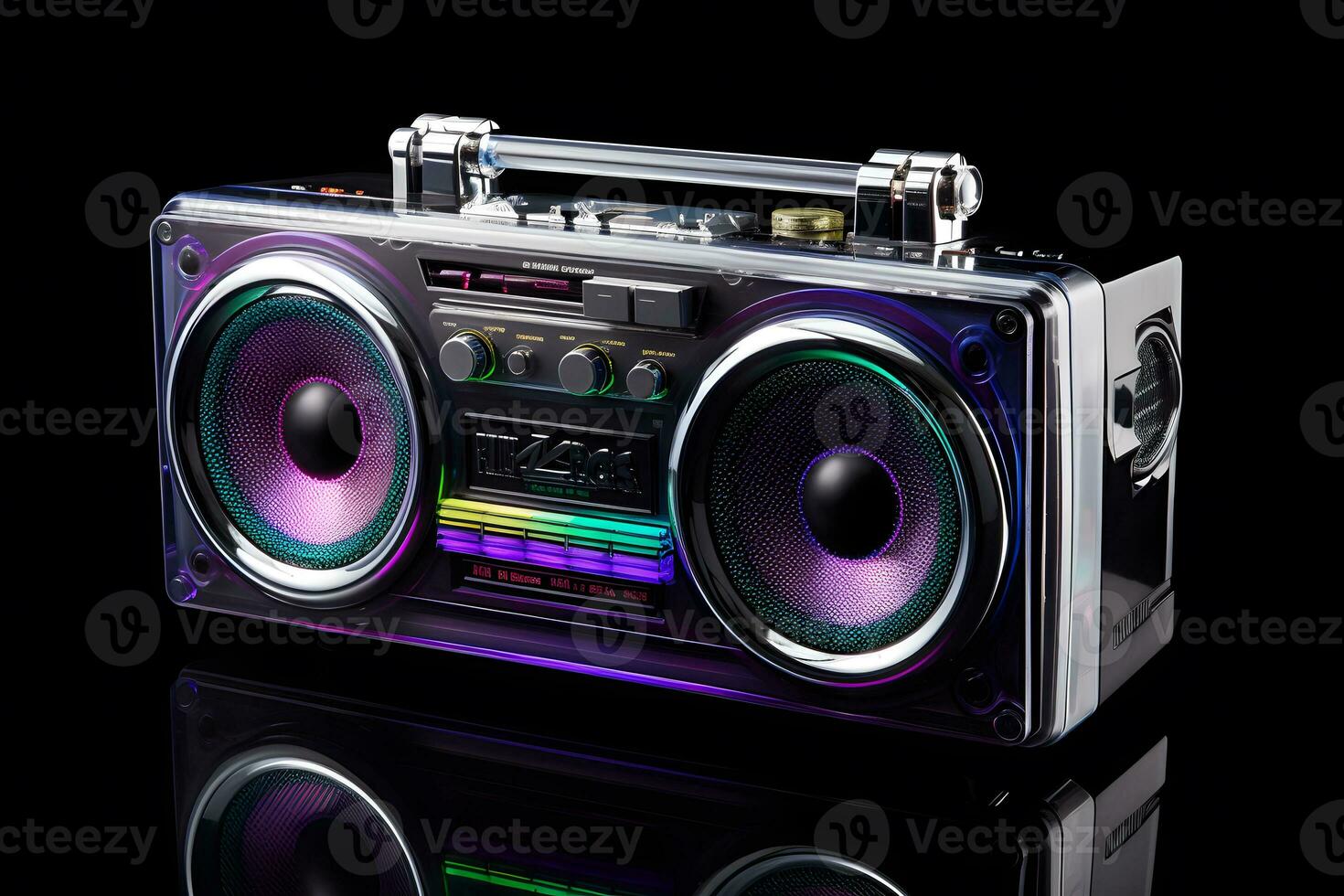 AI generated Retro outdated portable stereo boombox radio receiver with cassette recorder from circa late 70s. Neural network AI generated photo