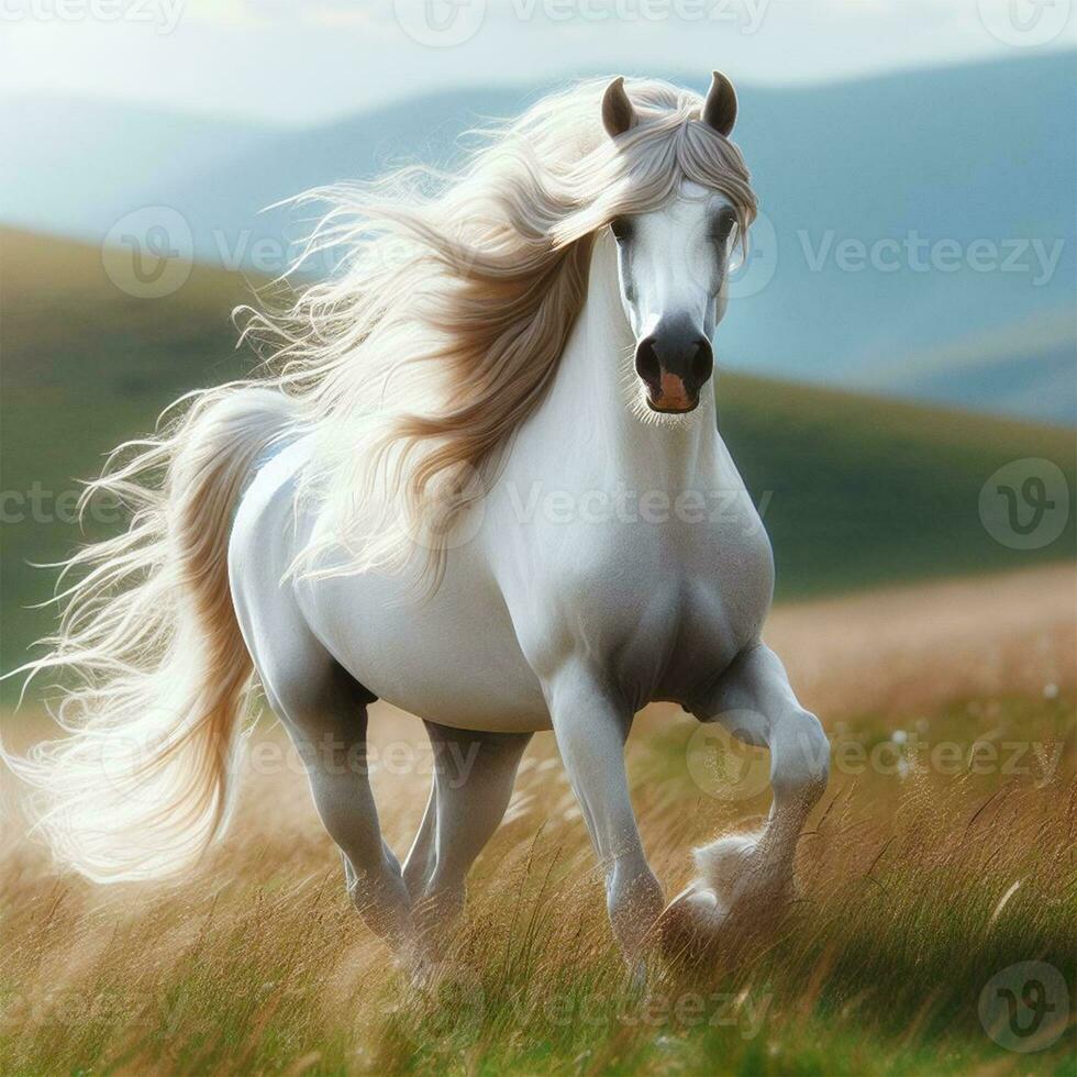 ai generado hermosa blanco caballo con largo melena corriendo en verde prado foto