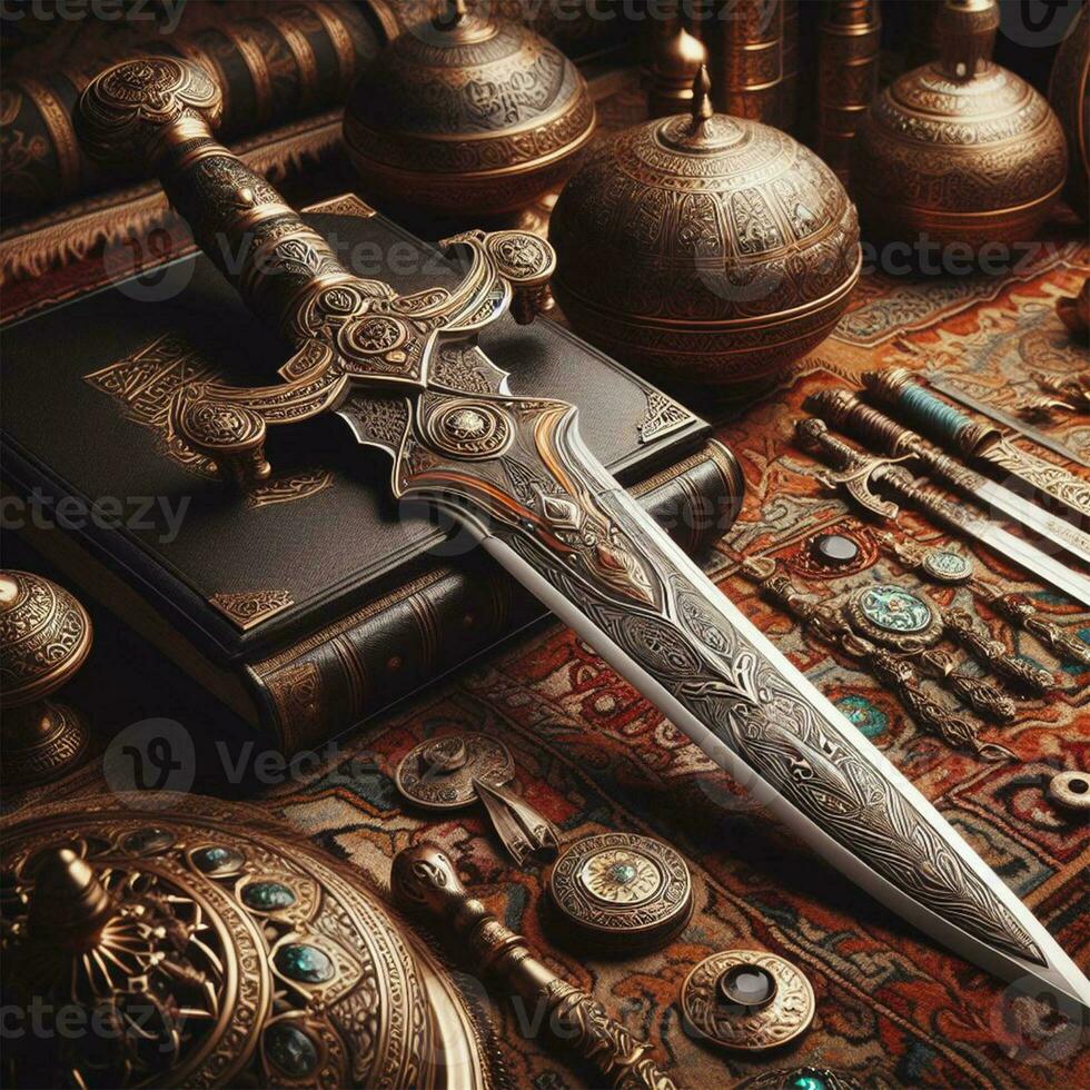 AI generated Old Sword Vintage sword in a wooden case on a dark background. photo