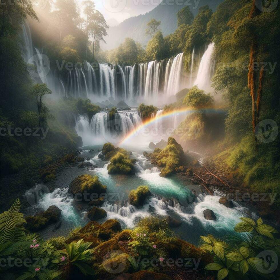 AI generated Beautiful waterfall in the forest at sunset with rainbow in the sky photo