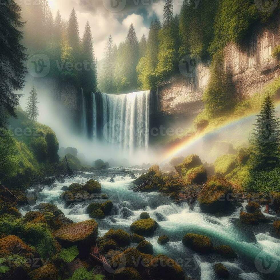 AI generated Beautiful waterfall in the forest at sunset with rainbow in the sky photo