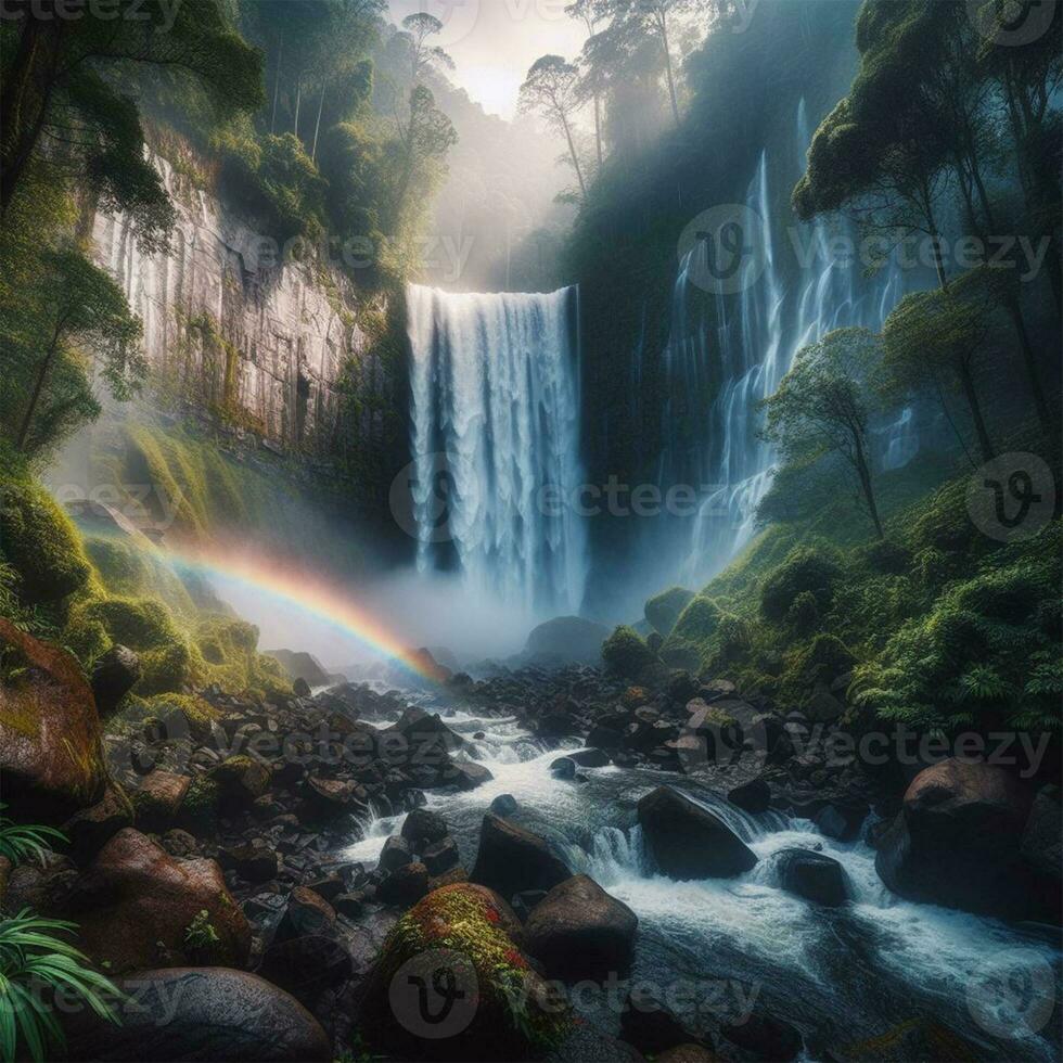 AI generated Beautiful waterfall in the forest at sunset with rainbow in the sky photo