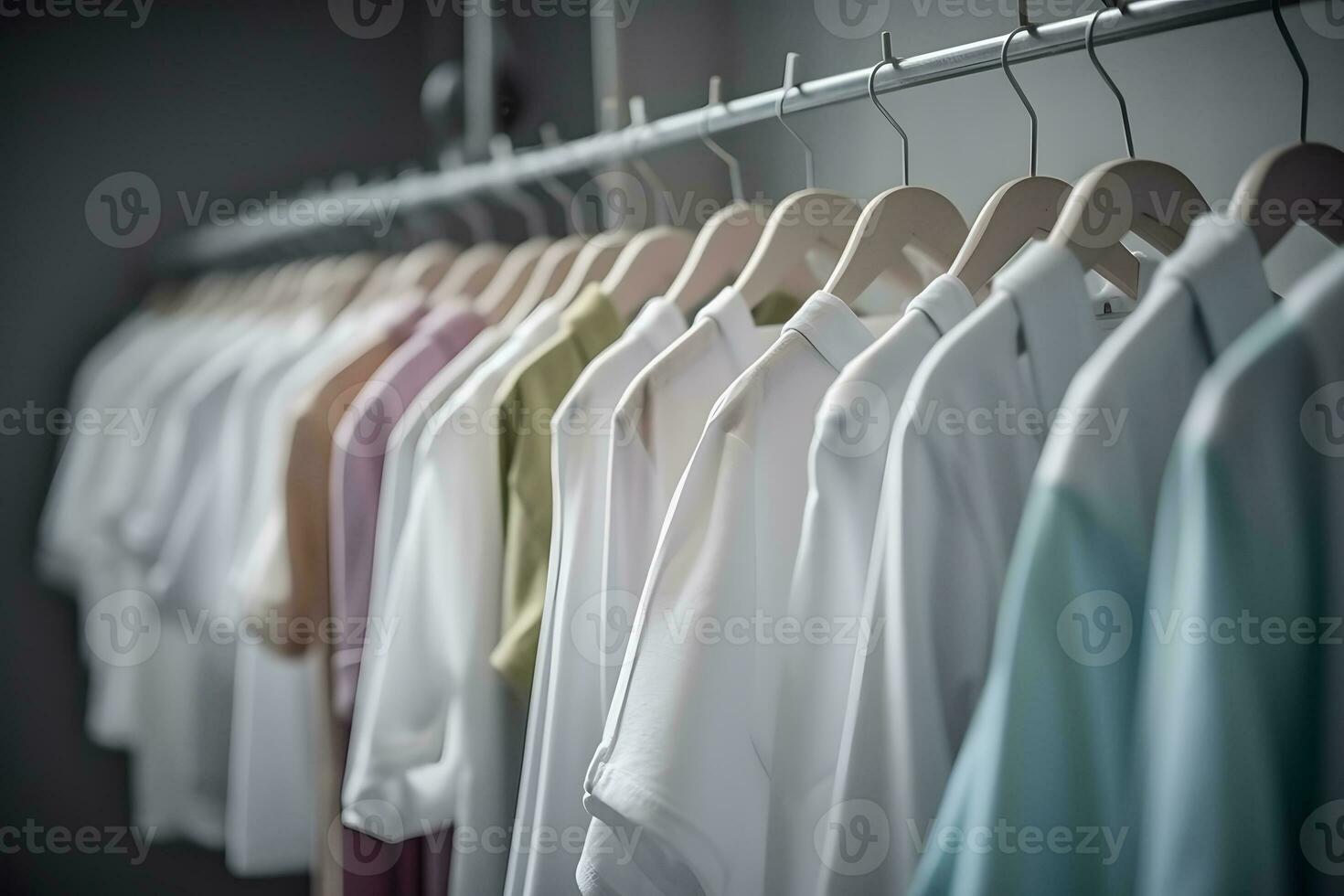 AI generated Clean clothes on hangers in the laundry room. Neural network AI generated photo