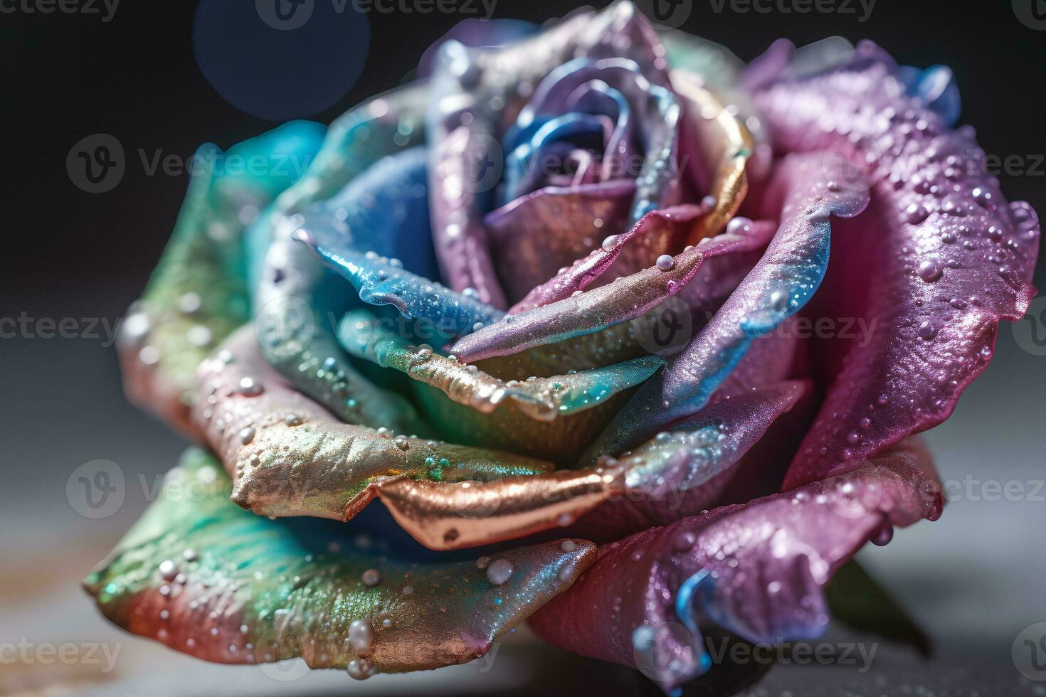 AI generated Rainbow rose with dew drops. Neural network AI generated photo