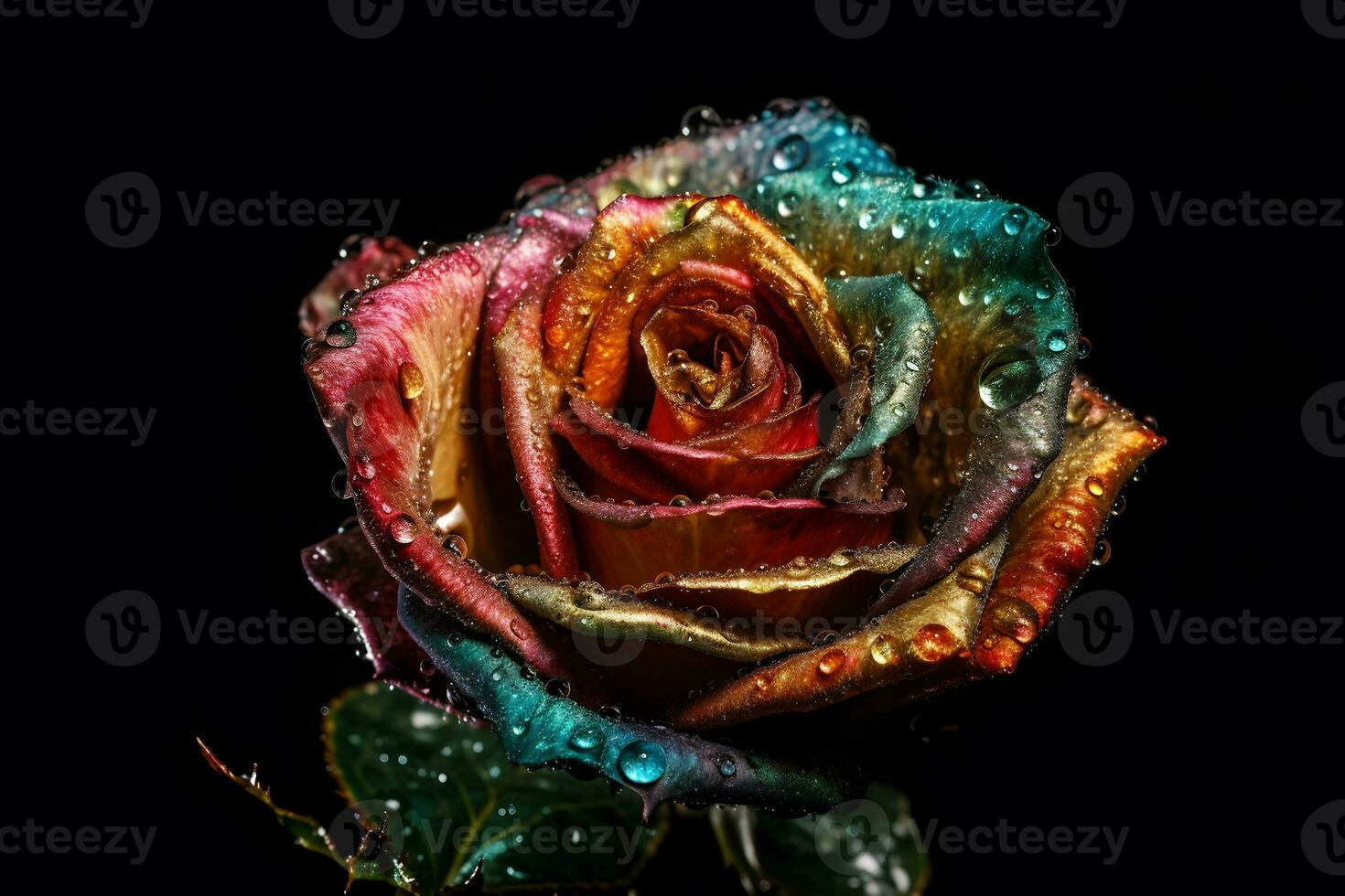 AI generated Rainbow rose with dew drops. Neural network AI generated photo