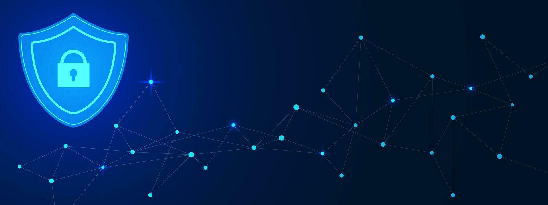 Shield with padlock and connecting dots and lines. Secure technology, protect data, internet safety, privacy policy and antivirus solution concept. Vector illustration.