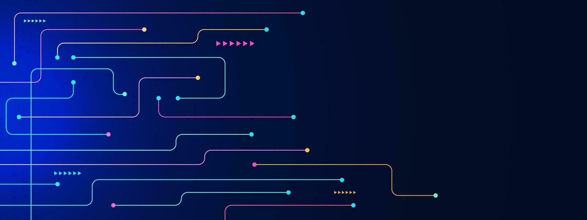 Abstract multi colored lines and points on a dark blue for digital technology, network connection and modern tech concept background. Vector illustration.
