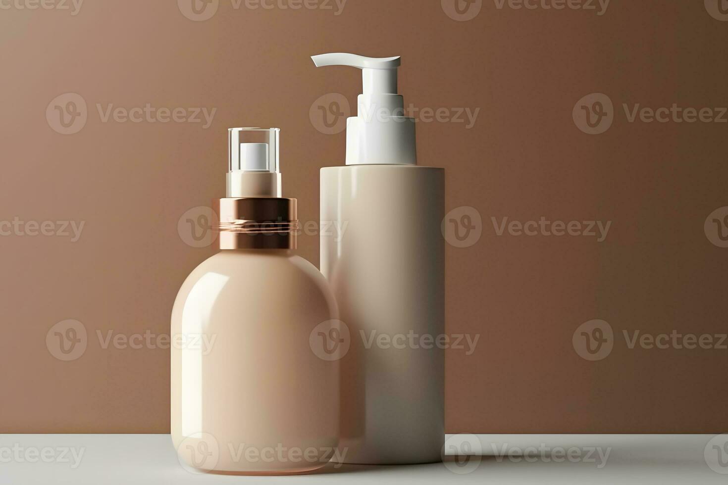 AI generated Mockup of cosmetics bottles in beige tone. Neural network AI generated photo