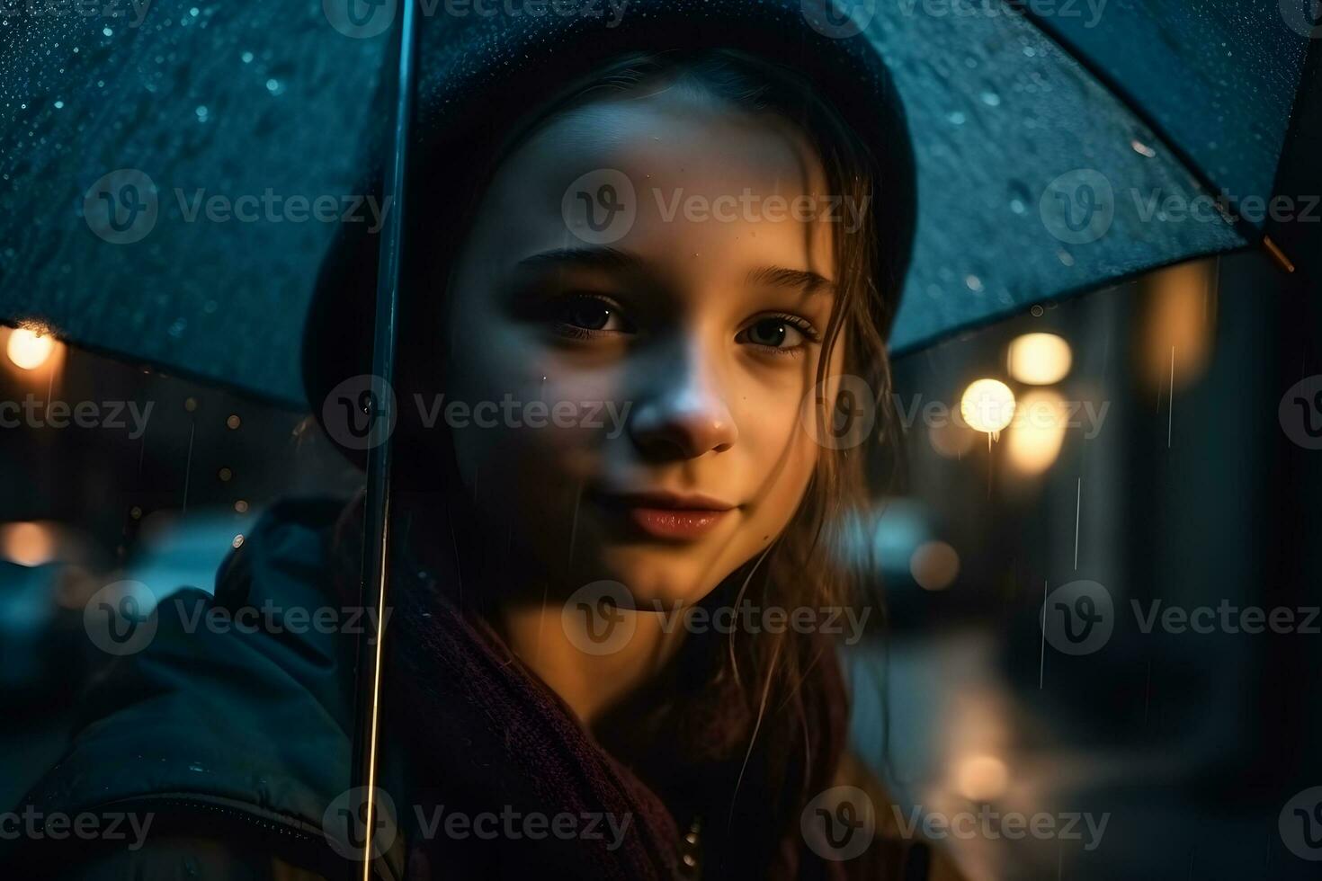 AI generated Portrait of a girl with an umbrella in the rain. Neural network AI generated photo