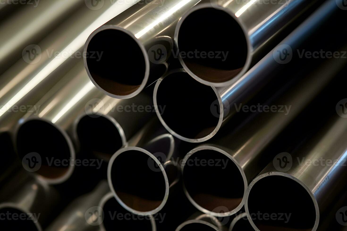 AI generated high quality Galvanized steel pipe or Aluminum and chrome stainless pipes in stack waiting for shipment in warehouse. Neural network AI generated photo