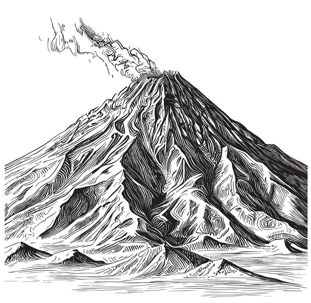Volcano retro hand drawn sketch Vector illustration Nature