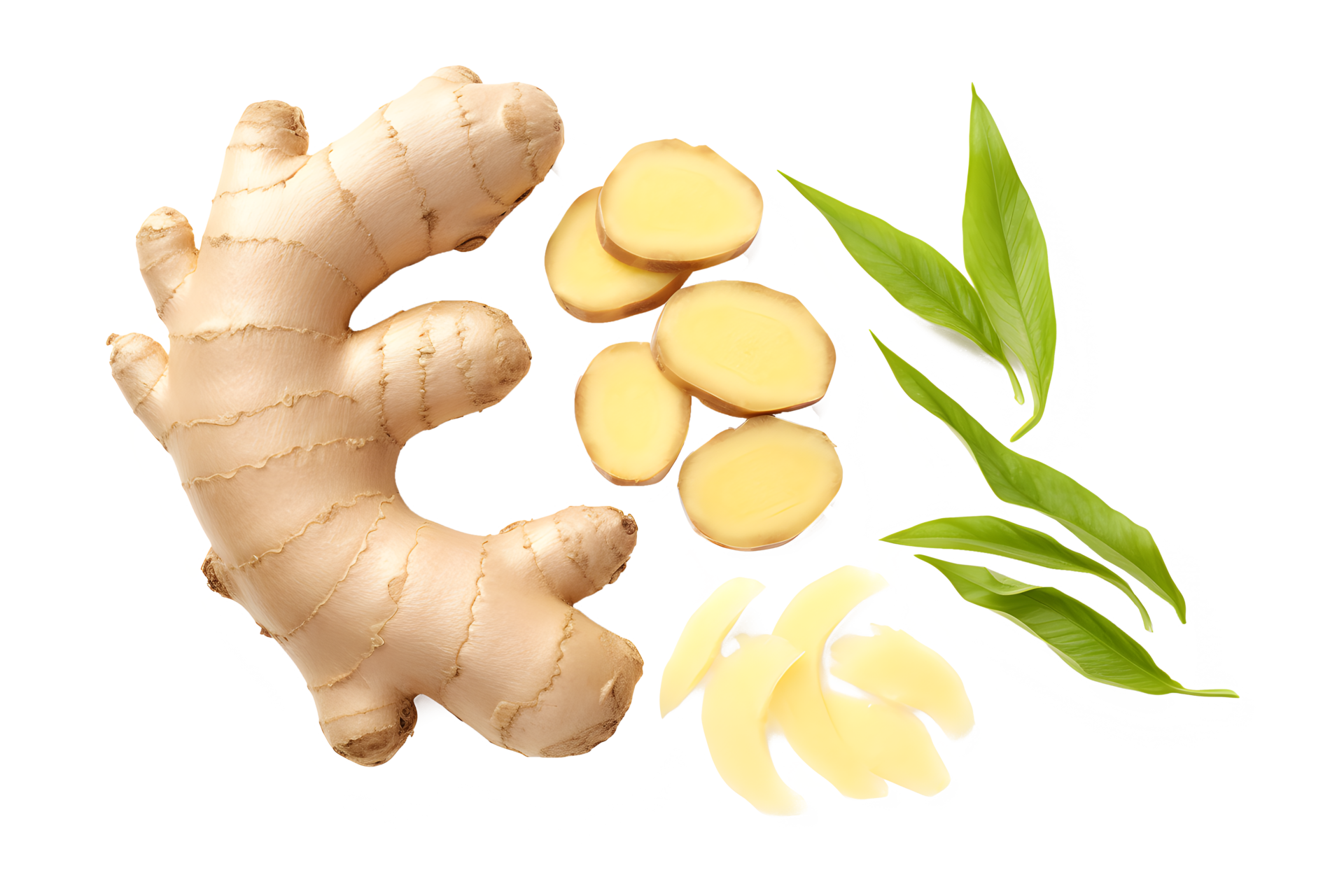 AI generated Ginger root with leaves and slices PNG 36055326 PNG