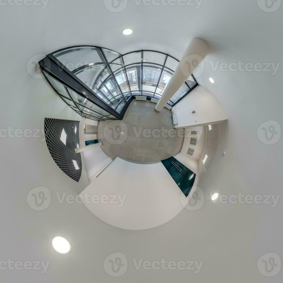 abstractly twisted into a spherical 360 panorama interior of a modern office with a hall staircase and panoramic windows photo