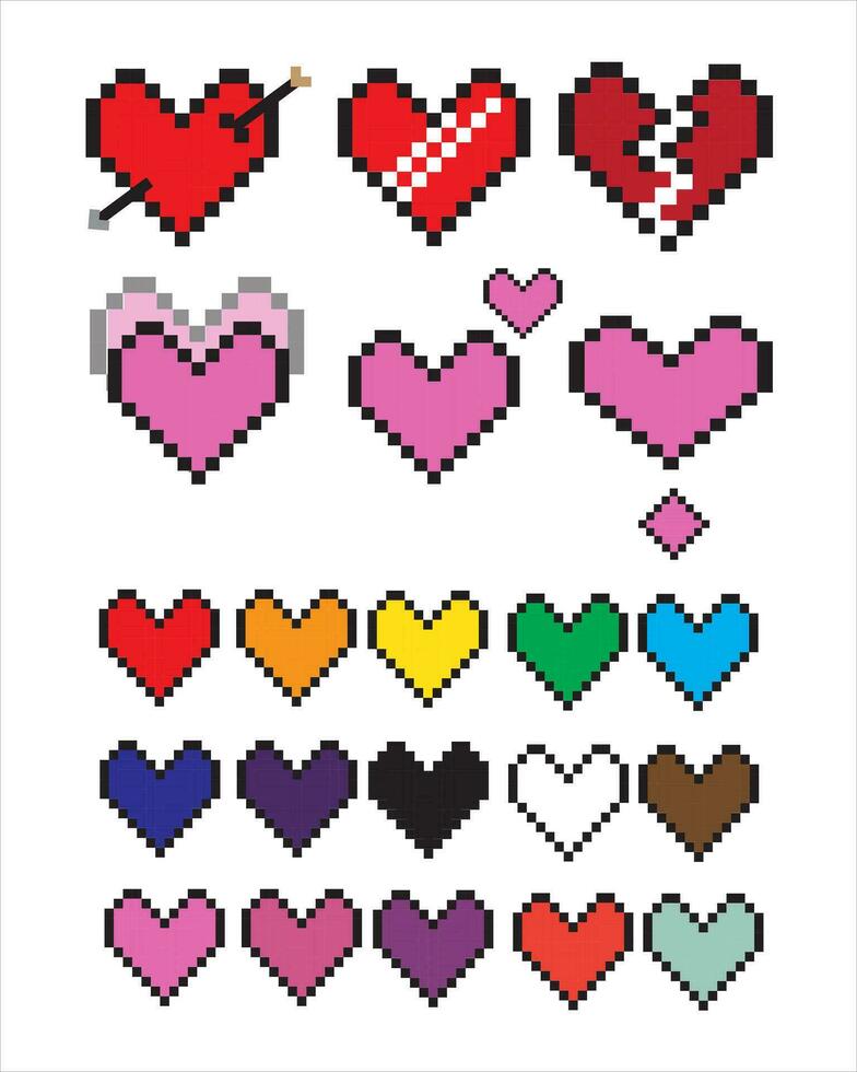 Heart Pixel Emoji set. Sparkling, growing, two Hearts, beating, spinning, broken, repaired, attractive, red, orange, yellow, green, blue, purple, brown, black, and white emoji.vector vector