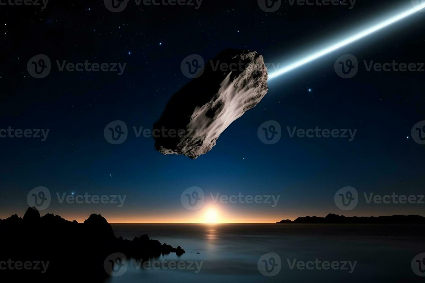 AI generated A comet, an asteroid, a meteorite falls to the ground against a starry sky. Neural network AI generated photo