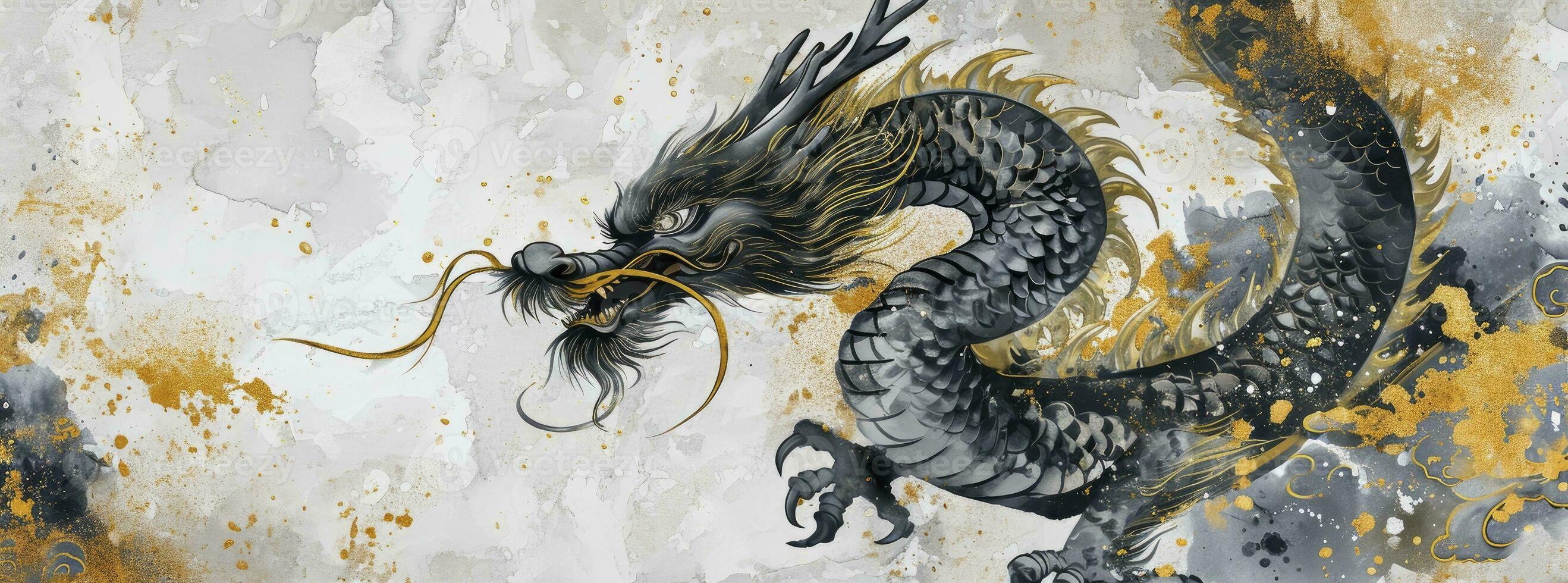 AI generated Happy New Year of the Dragon, in the style of ink wash collages, light gray and dark gold, elegant brushstrokes, decorative borders, watercolor. photo