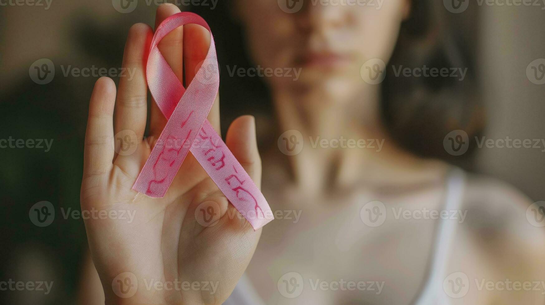 ai generado octubre pecho cáncer conciencia mes, mujer con mano participación rosado cinta para secundario personas vivo y enfermedad. cuidado de la salud, mundo cáncer día concepto. foto