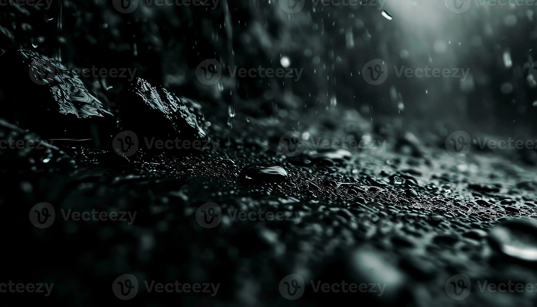 AI generated black and white photo of water droplets on a rock