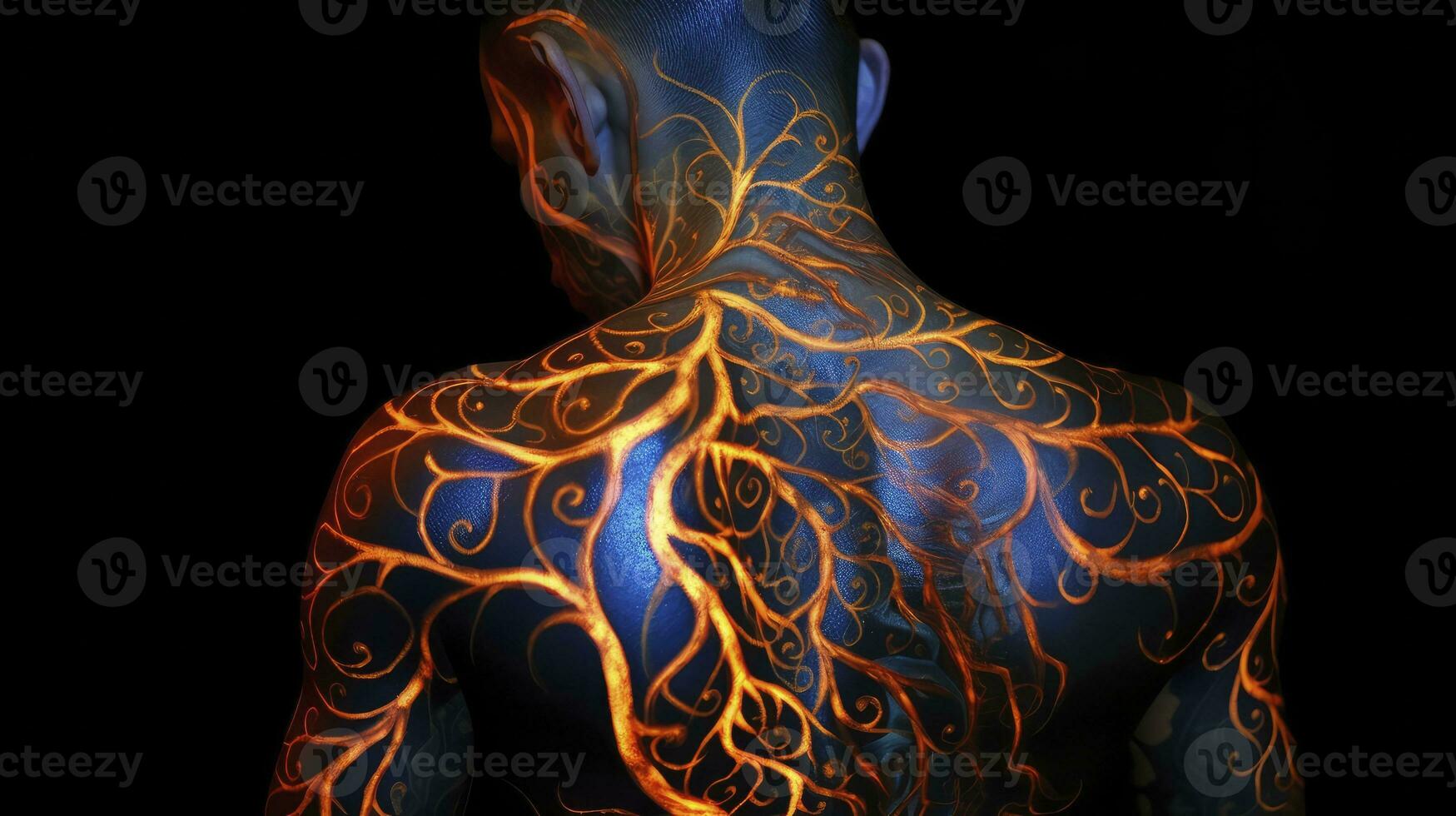 ai generado hombre foto con de colores luminoso tatuajes en su espalda