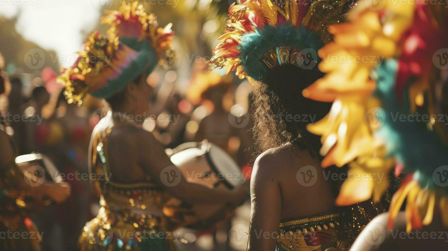 AI generated Lets dance all our troubles away. Cropped shot of beautiful samba dancers performing in a carnival with their band. photo
